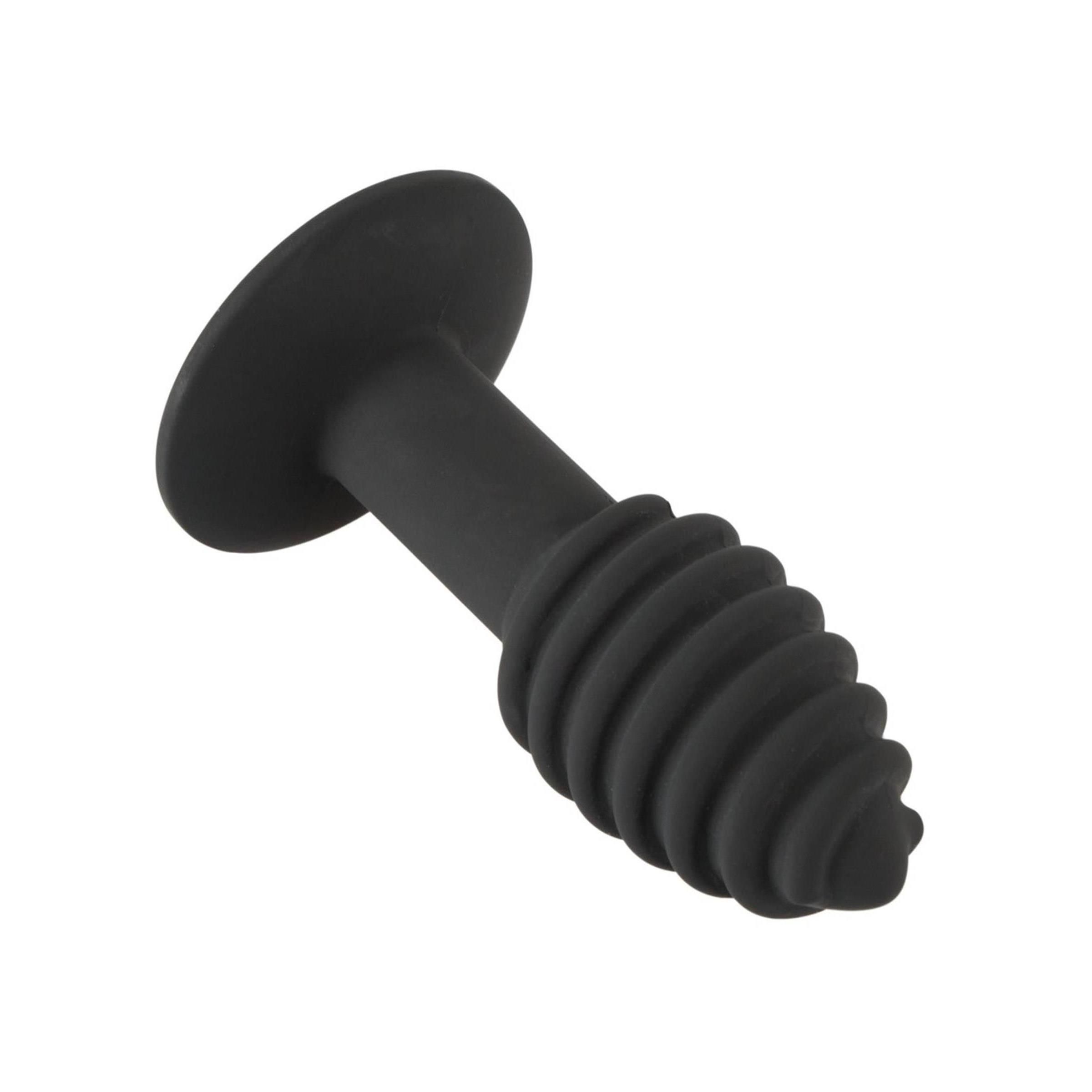 Schwarzer Analplug mit spiralförmigem Design. Liegt schräg. Basis und Schaft sind zylindrisch, der Kopf ist konisch geformt.