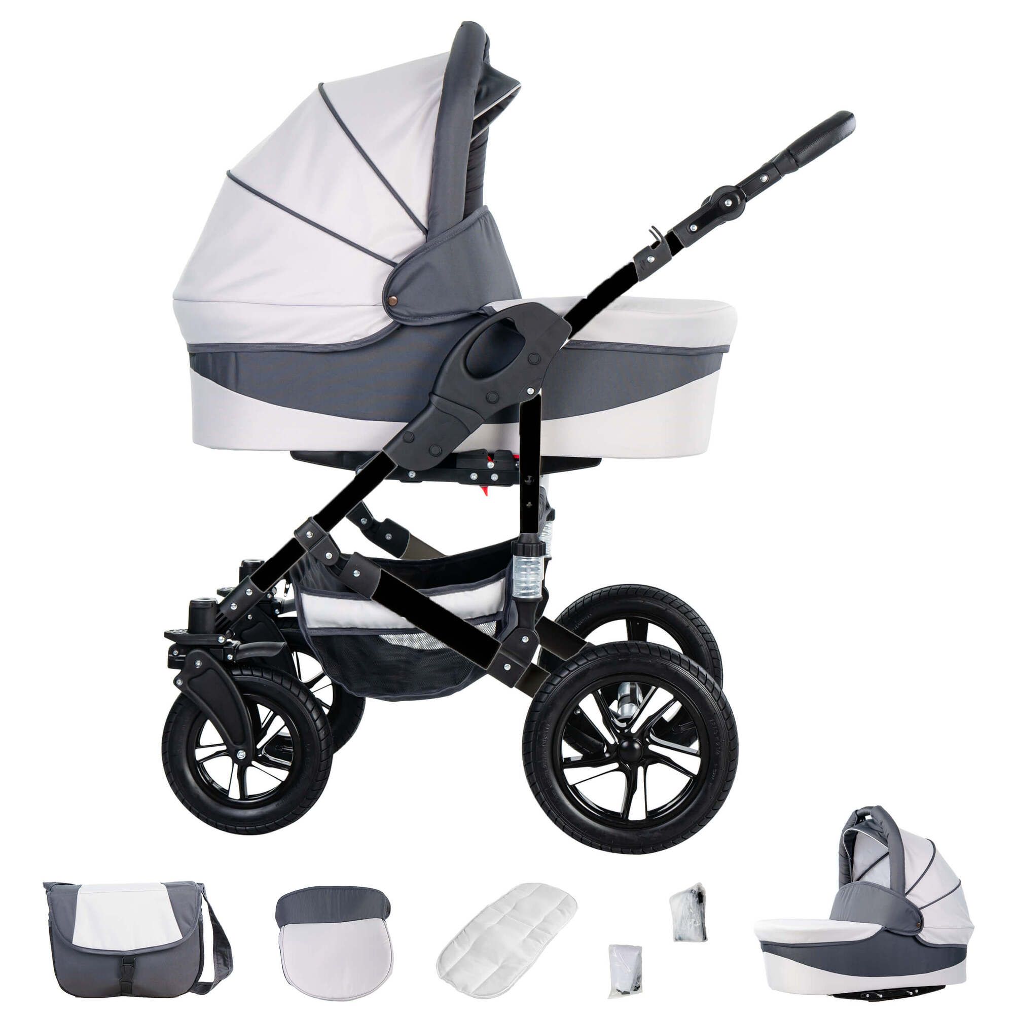 Friedrich Hugo Münster 4 in 1 Kinderwagen Komplettset ISOFIX Basis Hartgummireifen, White & Grey