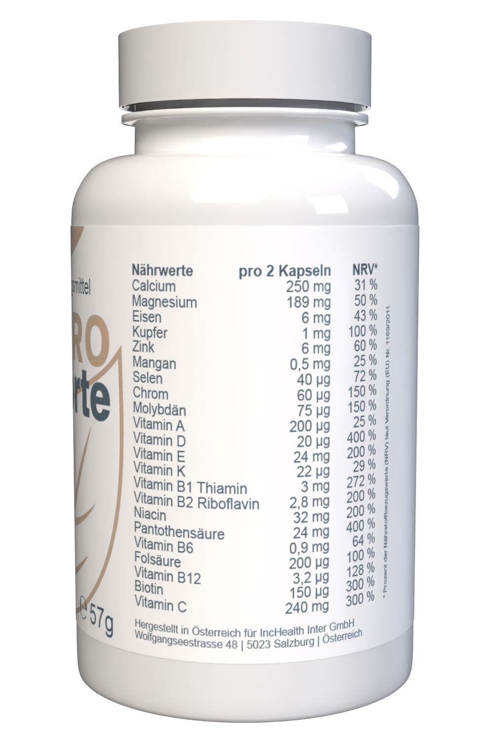 Rückseite einer Flasche Cardiotens Forte mit Nährwertangaben und Herstellerinformationen.