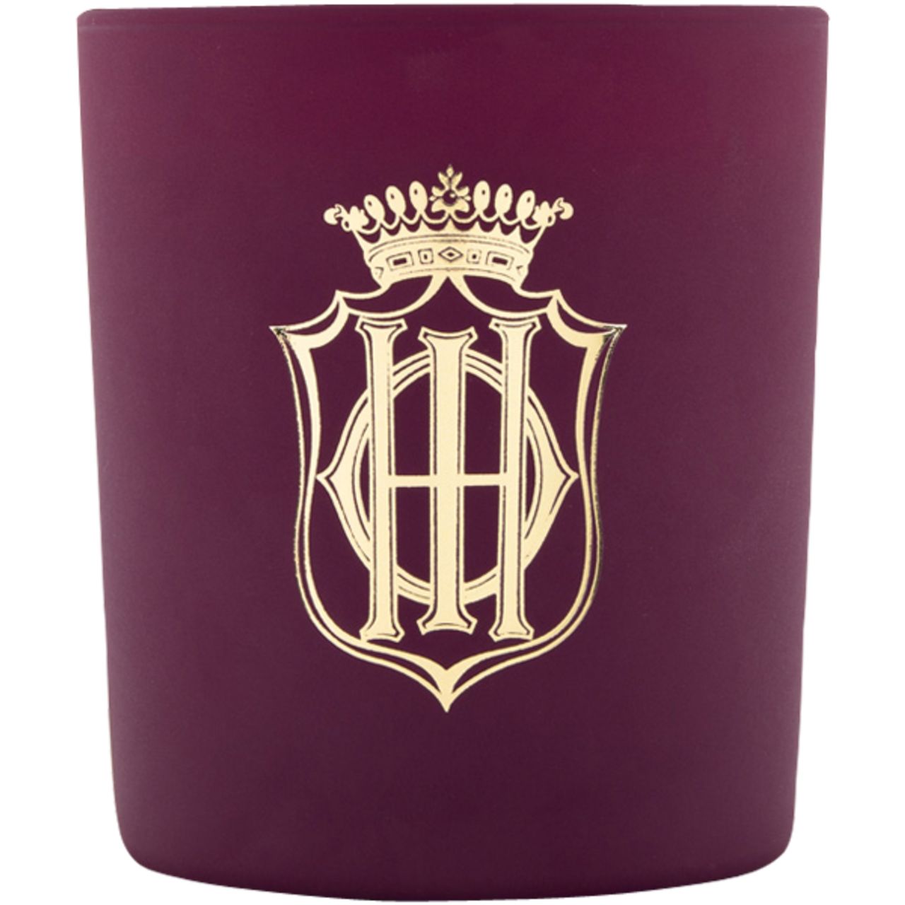 Bordeauxfarbene Kerze mit goldenem Wappen. Das Wappen zeigt ein gekröntes Monogramm. Kerze steht auf weißem Hintergrund.