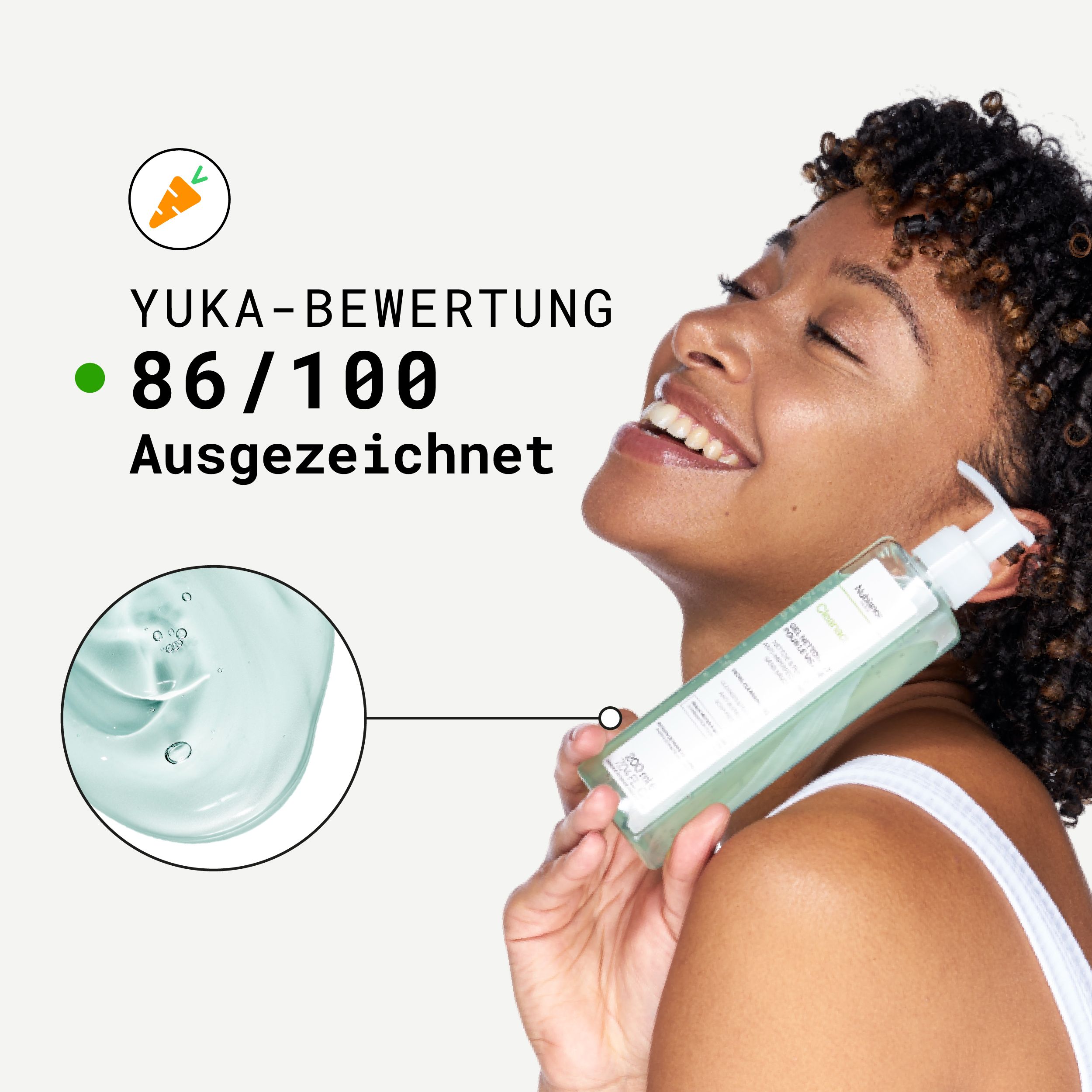 Frau hält Gel mit Pumpe. Aufschrift: Nubiance, Cleanactyl, Gel Nettoyant, Anti-Imperfections, 200 ml. Yuka-Bewertung: 86/100.