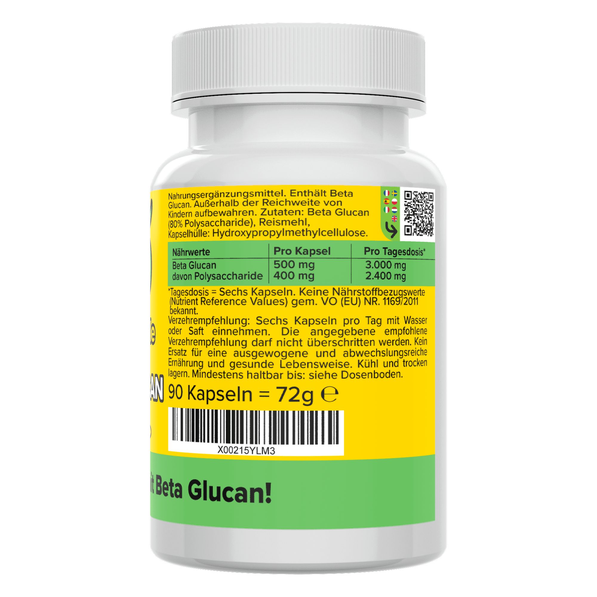 Weißes Pillenbehälter mit gelbem Etikett. Enthält Beta Glucan Kapseln. Rückseite mit Nährwertangaben und QR-Code. 90 Kapseln.