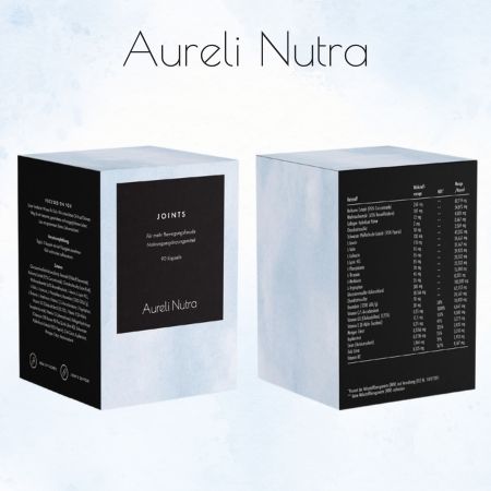 Zwei quadratische Schachteln. Auf der Vorderseite: "JOINTS", "Aureli Nutra". Rückseite: Nährwerttabelle.