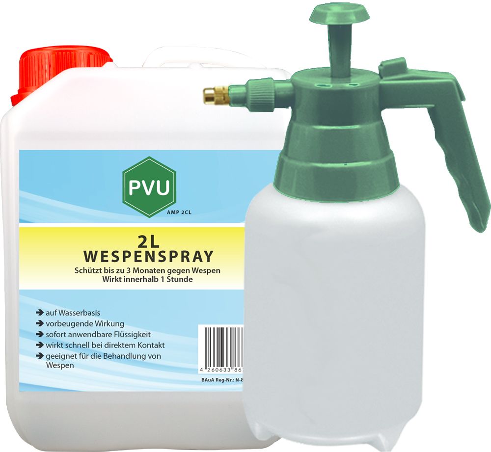 Weißer Sprüher und Kanister mit rotem Deckel. Aufschrift: PVU, 2L Wespenspray. Text: Schützt bis zu 3 Monaten gegen Wespen. Wirkt innerhalb 1 Stunde.