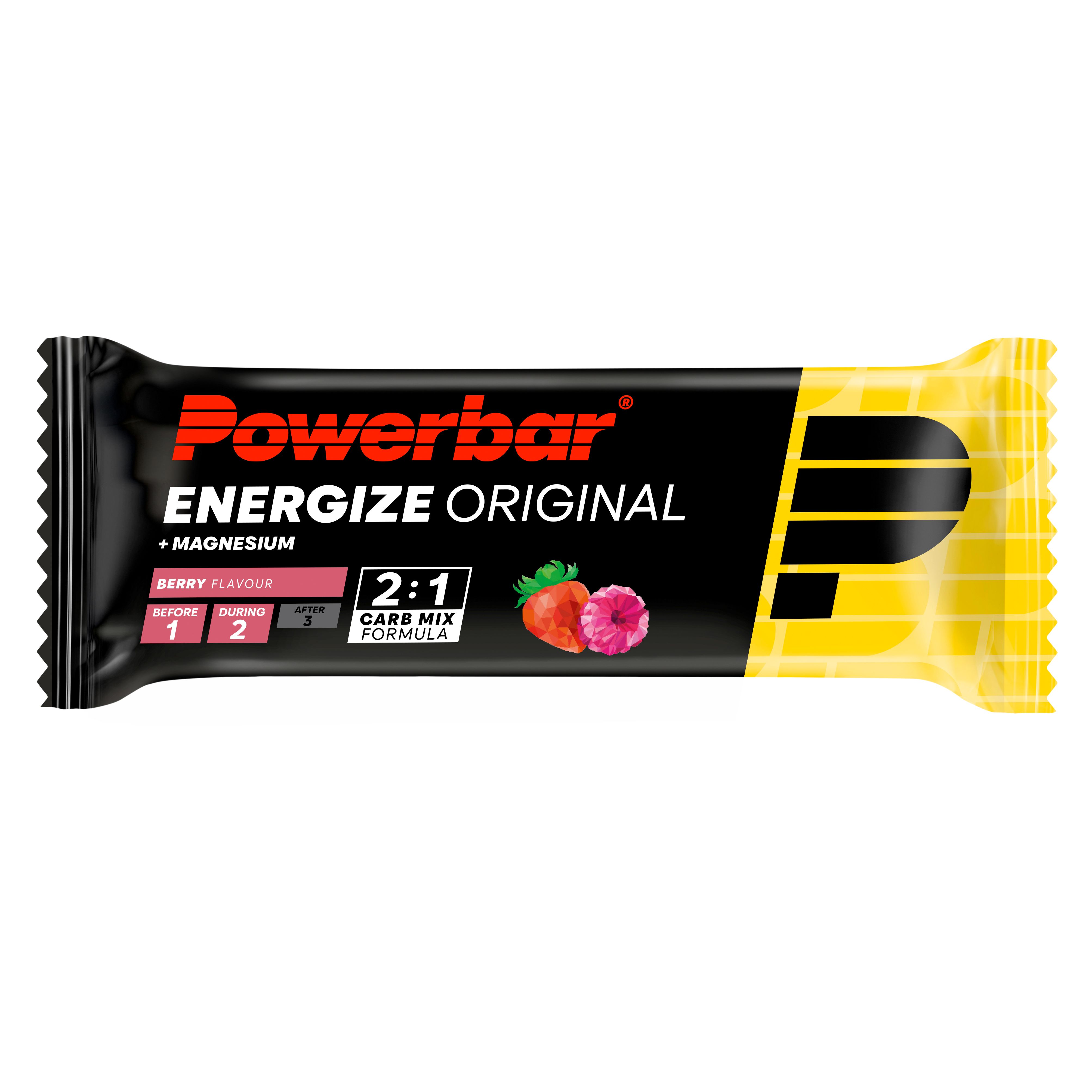 Energieriegel mit der Aufschrift "Powerbar Energize Original Berry". Schwarze Verpackung mit gelben Akzenten. Enthält Magnesium.