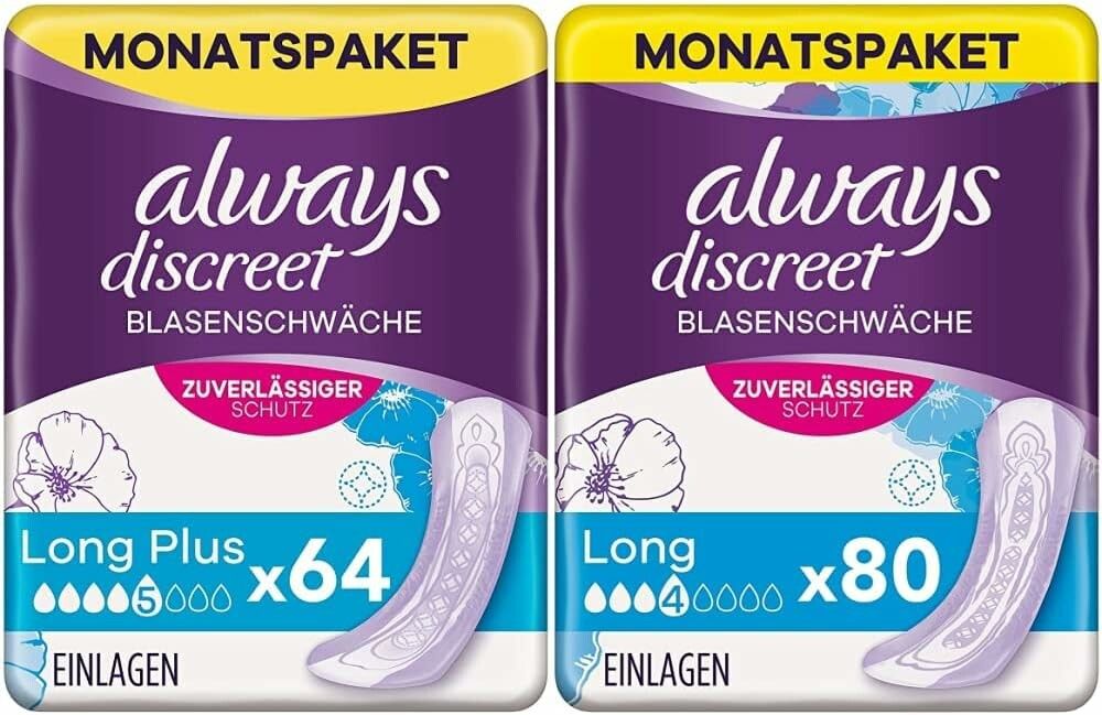 Always Discreet Inkontinenzeinlagen Long Plus, Monatspaket, 4 x 16 Stück & Discreet Inkontinenzeinl