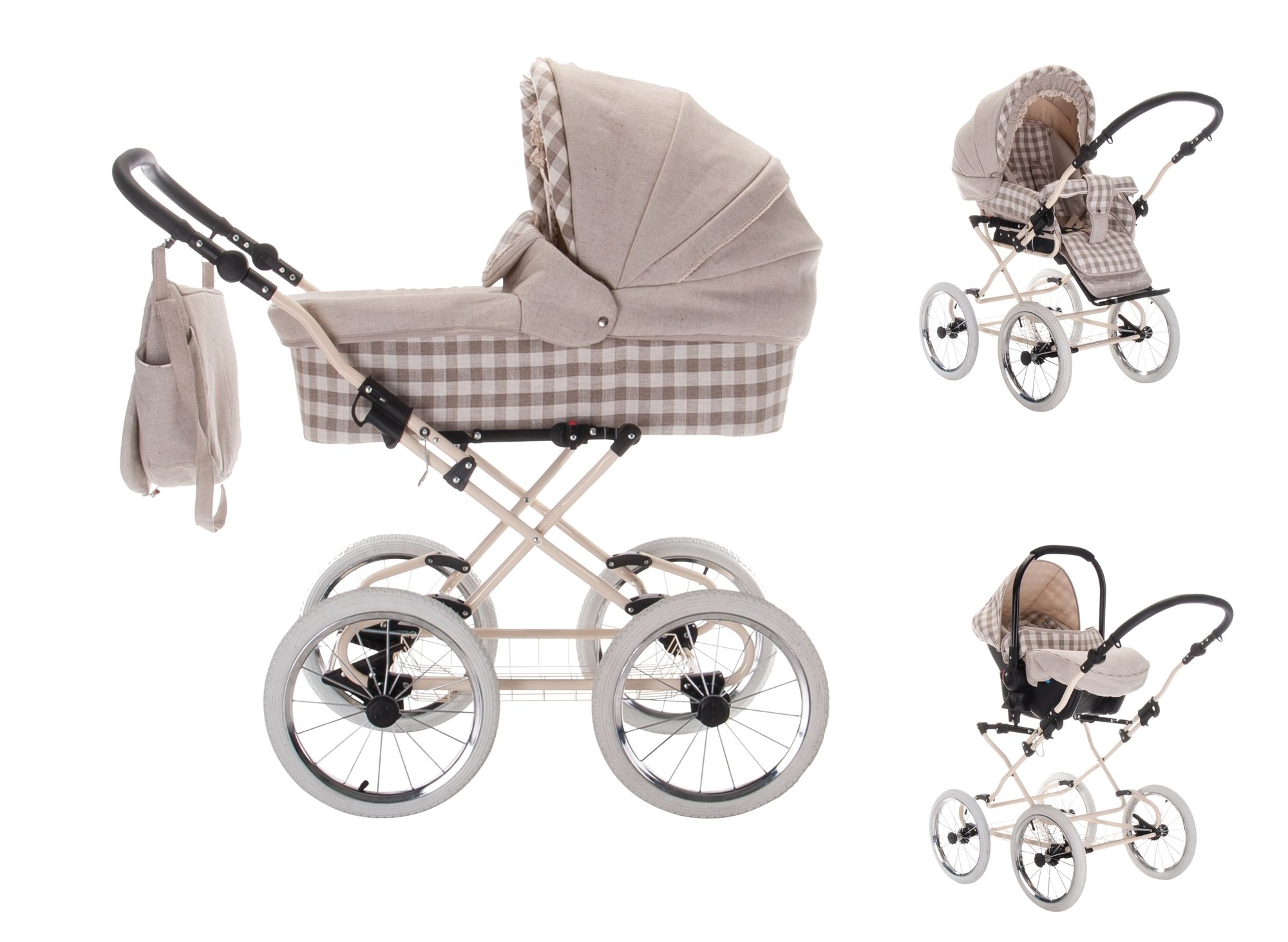 Kinderwagen-Set, creme, kariert. Korb, Verdeck, Tasche. Vier Räder, Speichenräder, Metallrahmen.