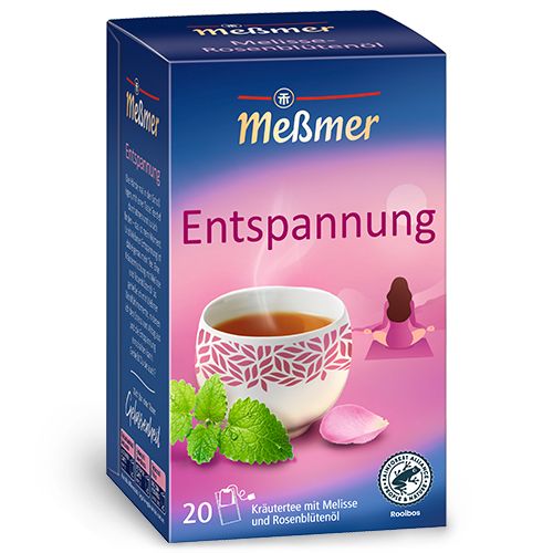 Karton von Meßmer Entspannung Tee. Aufdruck: Entspannung, Kräutertee mit Melisse und Rosenblütenöl. Abbildung: Tasse Tee, Blätter, Rose, Frau.