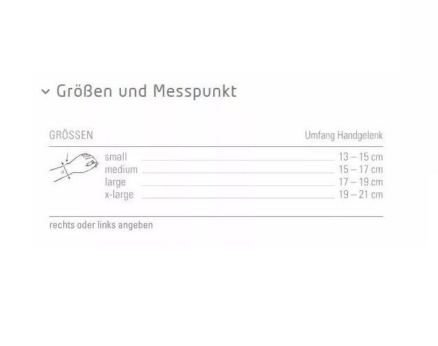 Größentabelle für Handgelenkbandagen. Größen: small, medium, large, x-large. Umfang Handgelenk in cm angegeben.