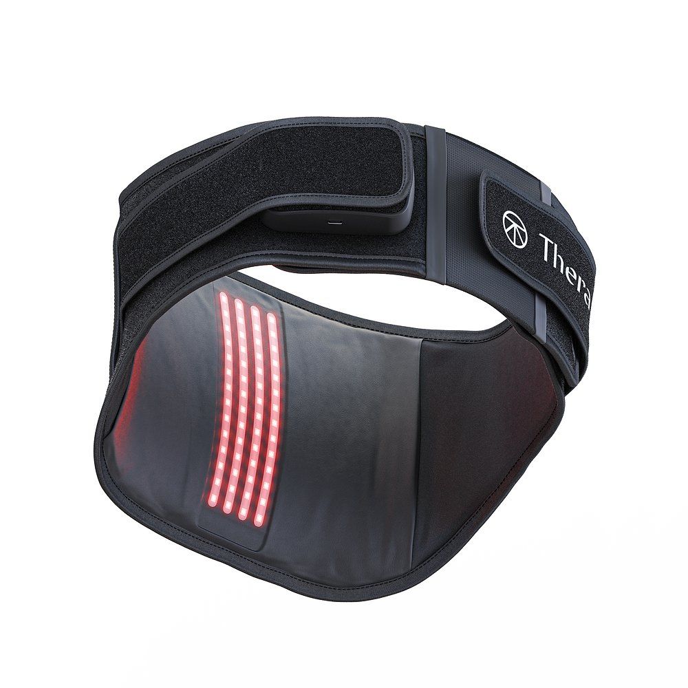 Schwarzer Therabody Massagegurt mit roten LED-Lichtern. Klettverschluss und Therabody-Logo. Ansicht von oben.