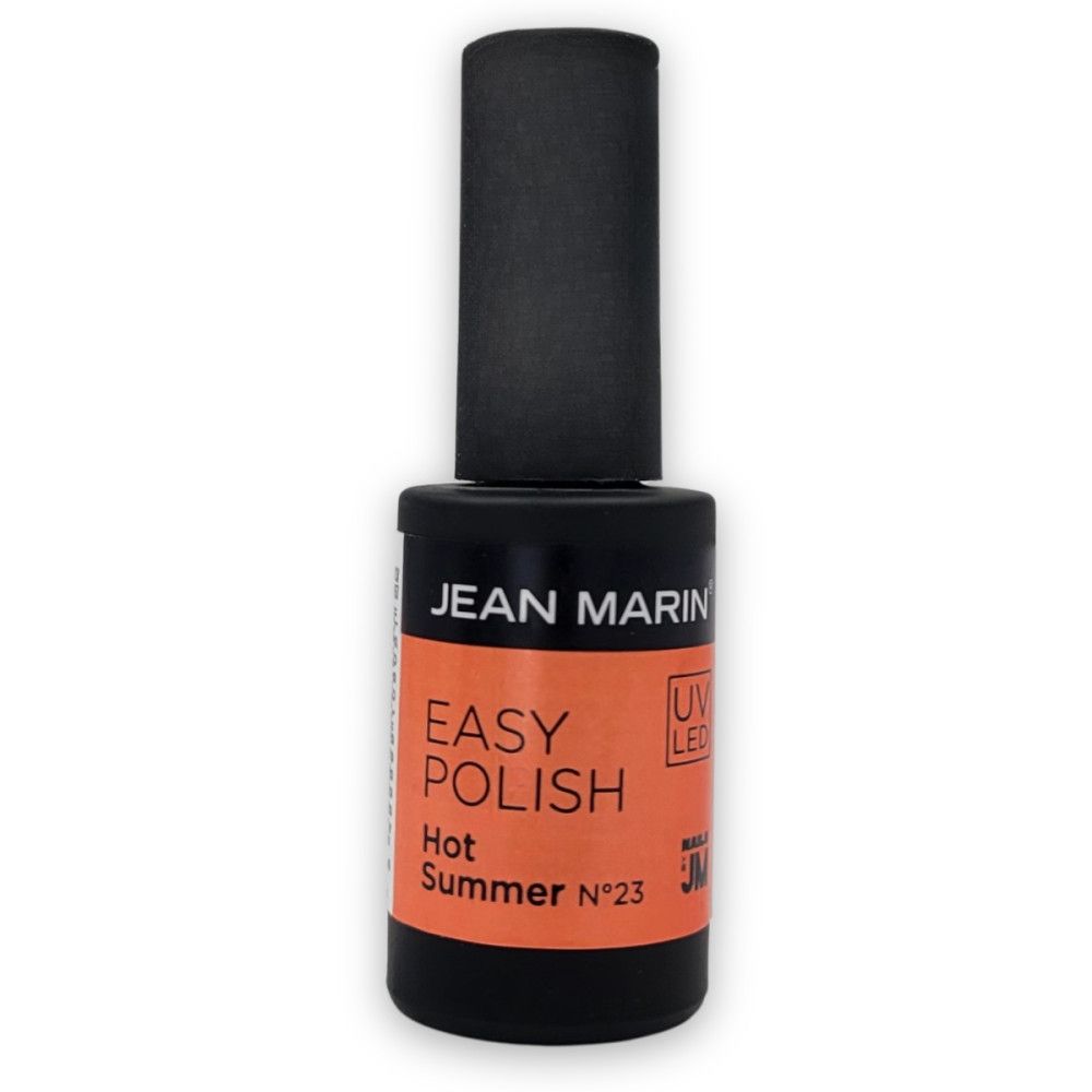 Schwarze Flasche mit Nagellack. Aufschrift: Jean Marin, Easy Polish, Hot Summer N°23. UV/LED-Logo.