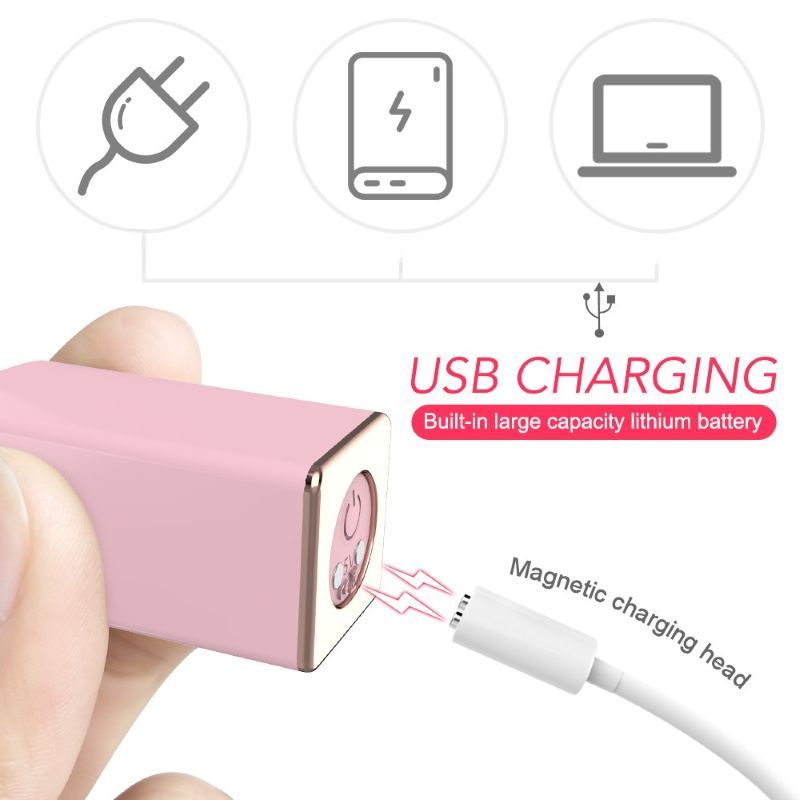 Rosa Produkt mit USB-Ladeanschluss. Magnetischer Ladekopf. Lade-Symbole.