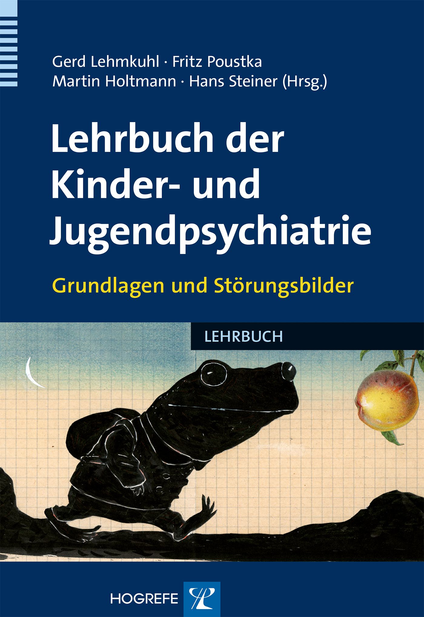 Buchcover: Lehrbuch der Kinder- und Jugendpsychiatrie. Titel, Autoren, Illustration eines Frosches und einer Frucht. Verlag Hogrefe.