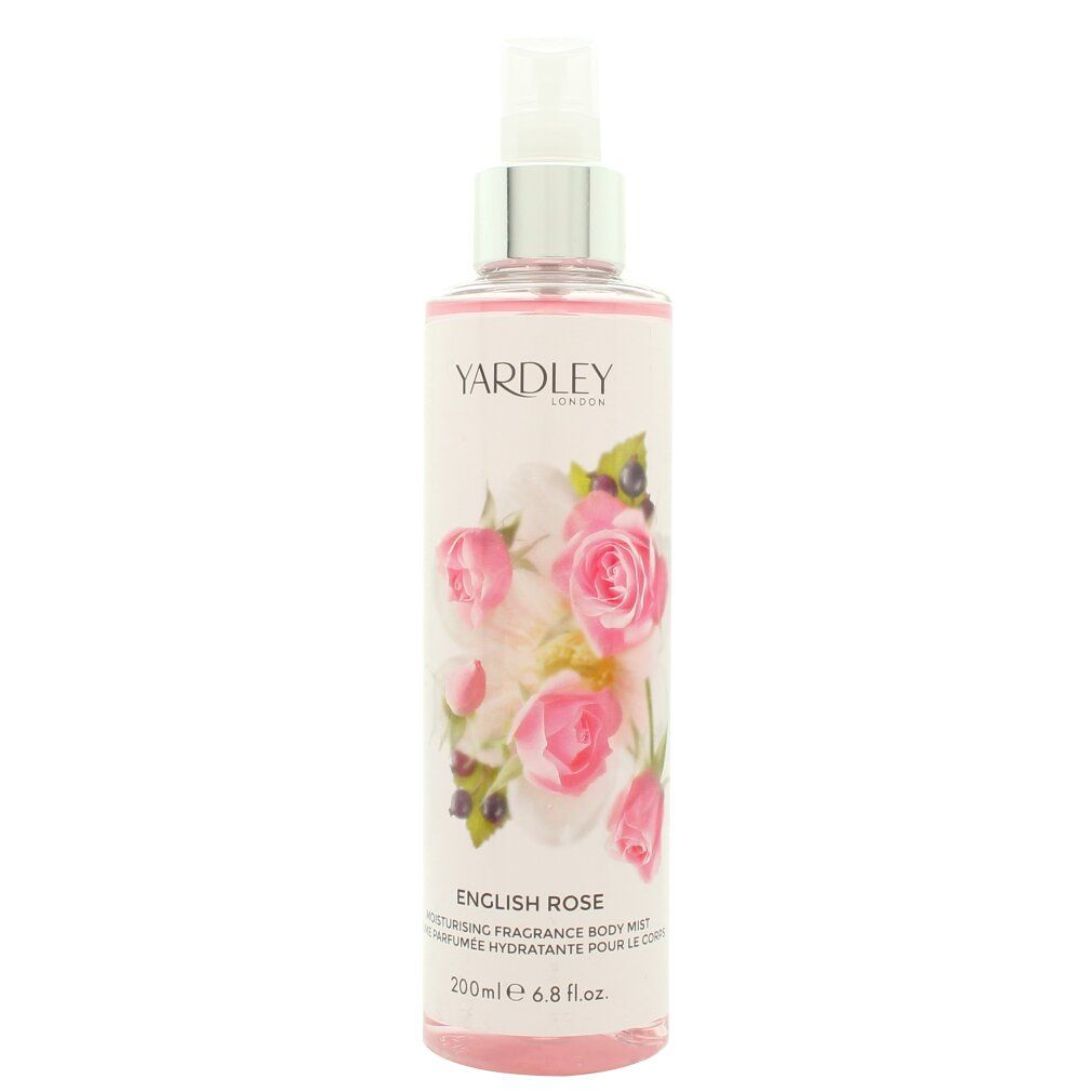Körpernebel-Spray mit Rosenmotiv. Flasche mit Zerstäuber. Aufschrift: Yardley, English Rose, 200ml. Rosa Flüssigkeit sichtbar.