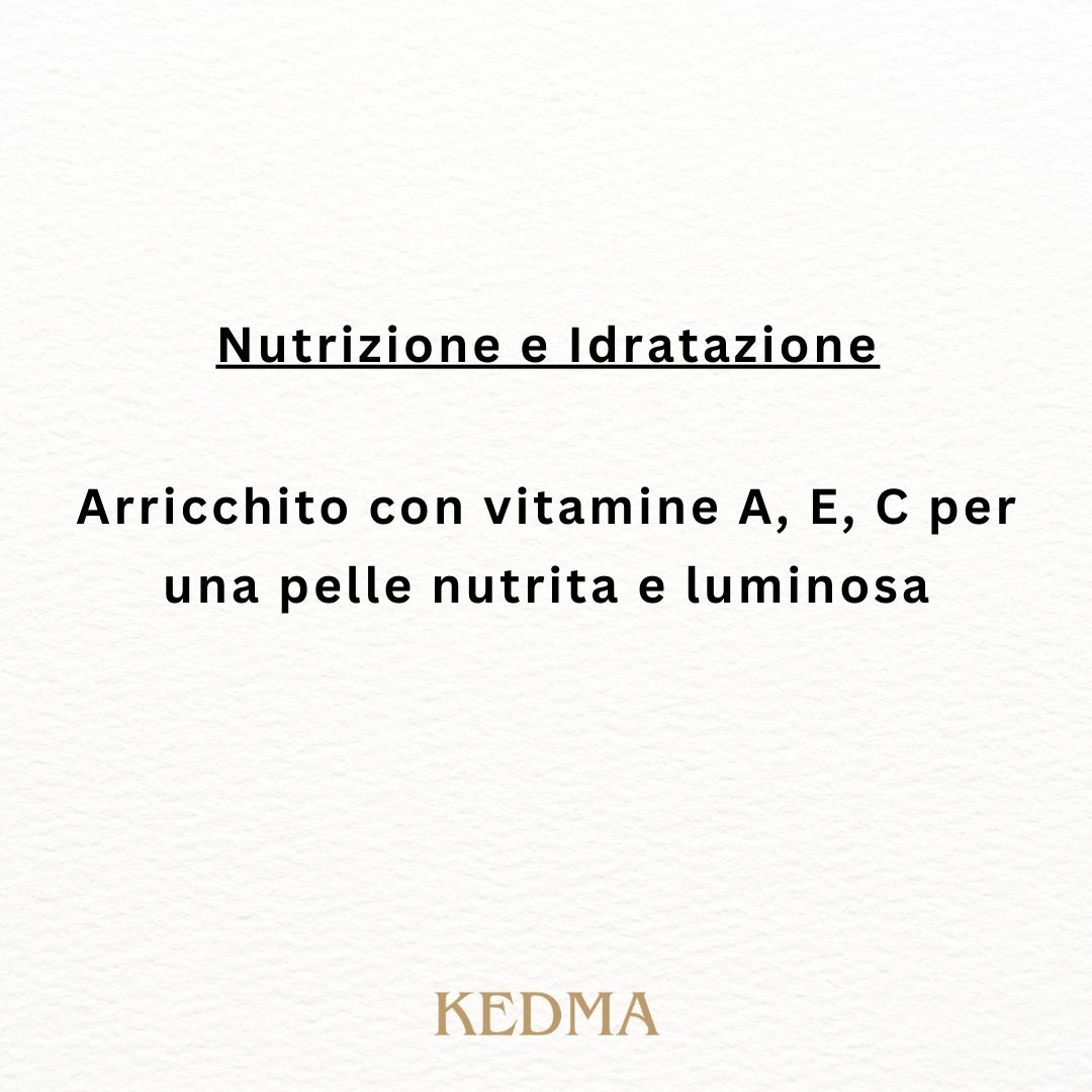 Testo su sfondo crema: Nutrizione e Idratatazione. Arricchito con vitamine...