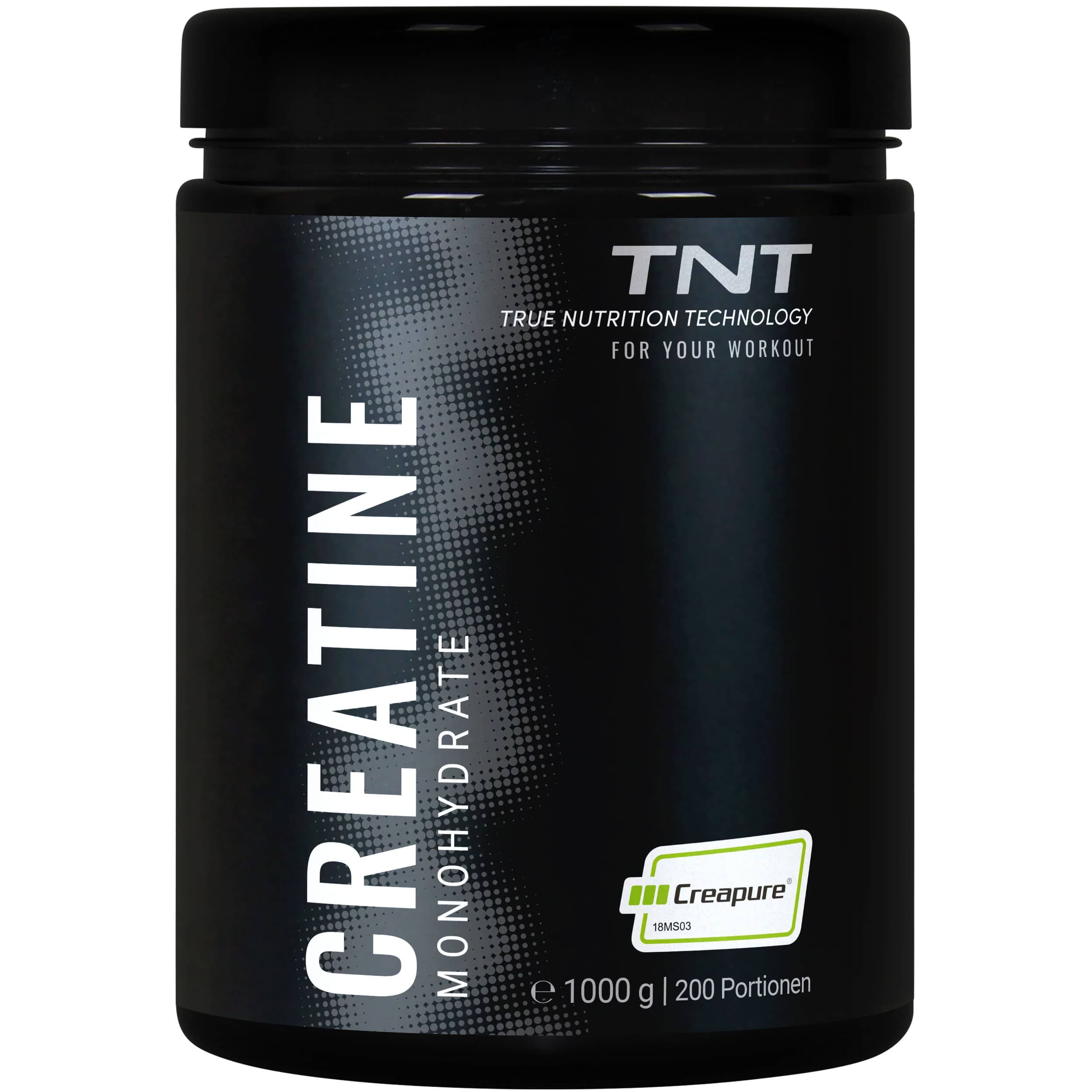 Schwarze Dose TNT Creatine Monohydrate Creapure®. Enthält 1000g, 200 Portionen. Creapure®-Logo.