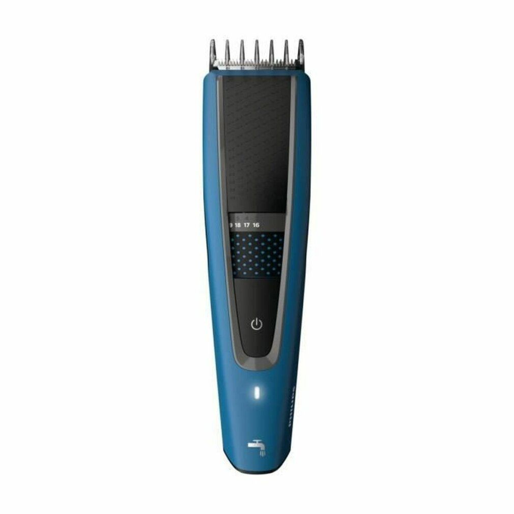Blauer Haarschneider. Der Haarschneider hat eine blaue Farbe und einen schwarzen Griff. Mit Ein-/Ausschalter und Längeneinstellung.
