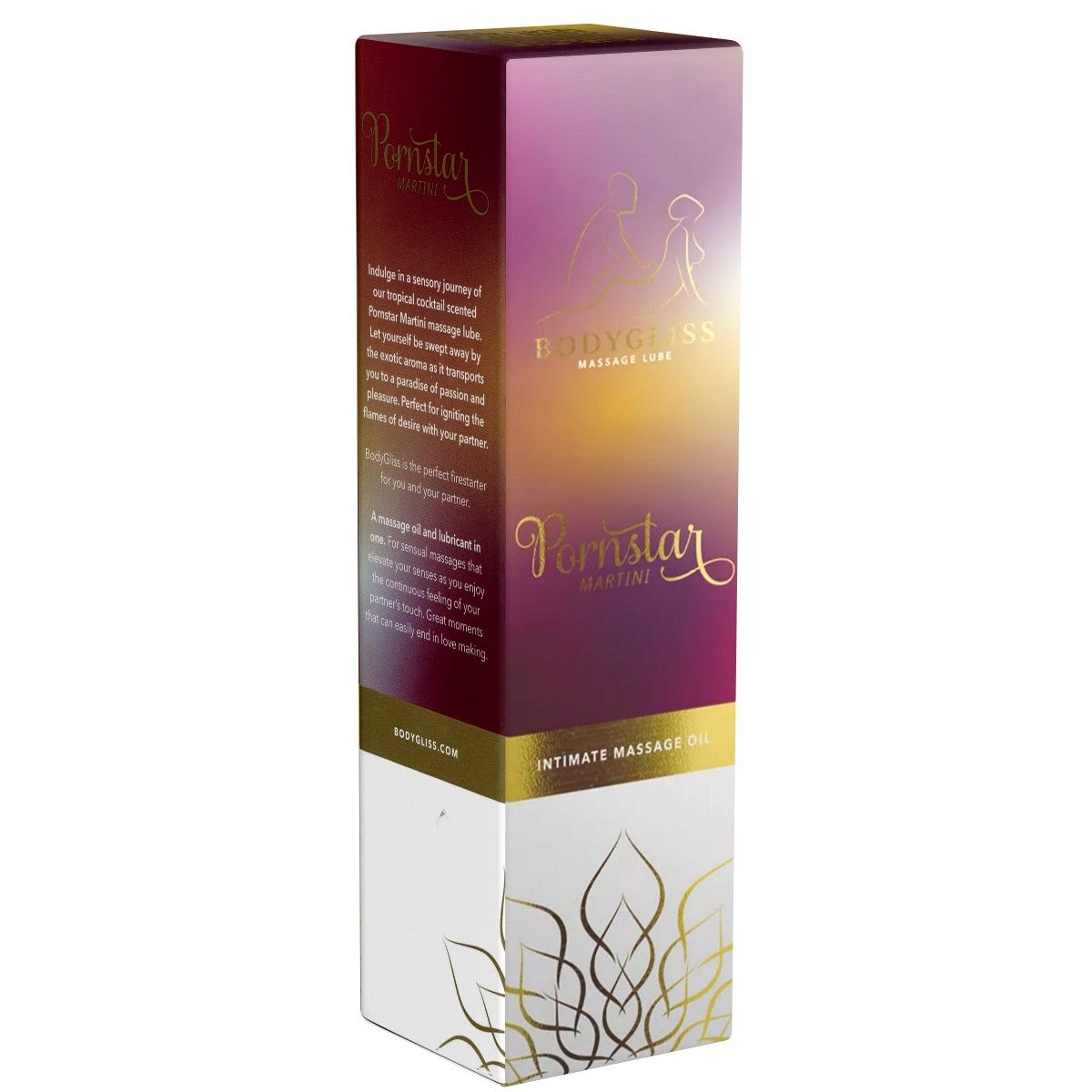 Verpackung mit Text. Aufschrift: BodyGliss Massage Lube, Pornstar Martini. Lila-goldenes Design mit goldenen Verzierungen. Text auf der Seite.
