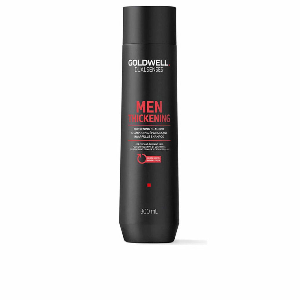 Schwarze Shampoo-Flasche mit roter und weißer Schrift. Aufschrift: Goldwell Dualsenses Men Thickening Shampoo. 300 ml.