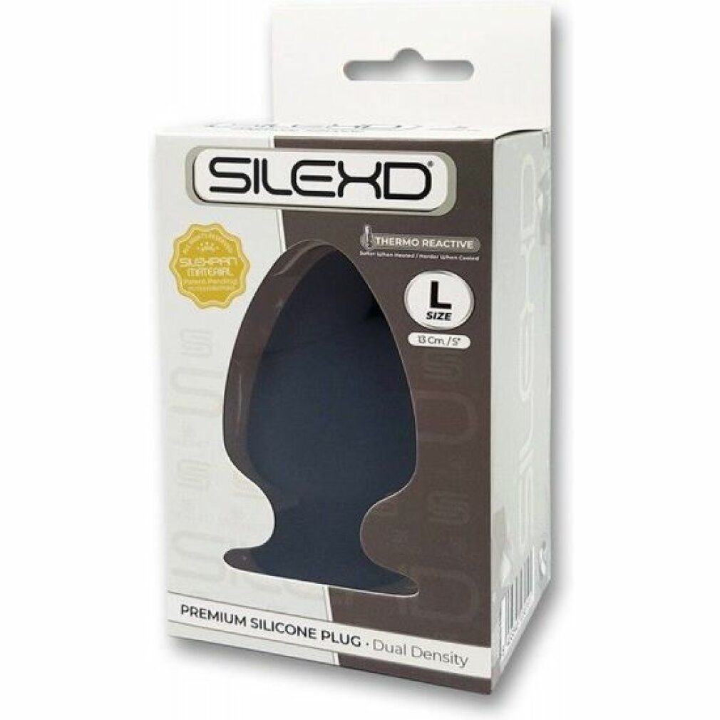 Schwarzer Silikon-Plug in Verpackung. Marke SILEXD, Größe L. Verpackung mit Produktinformationen.