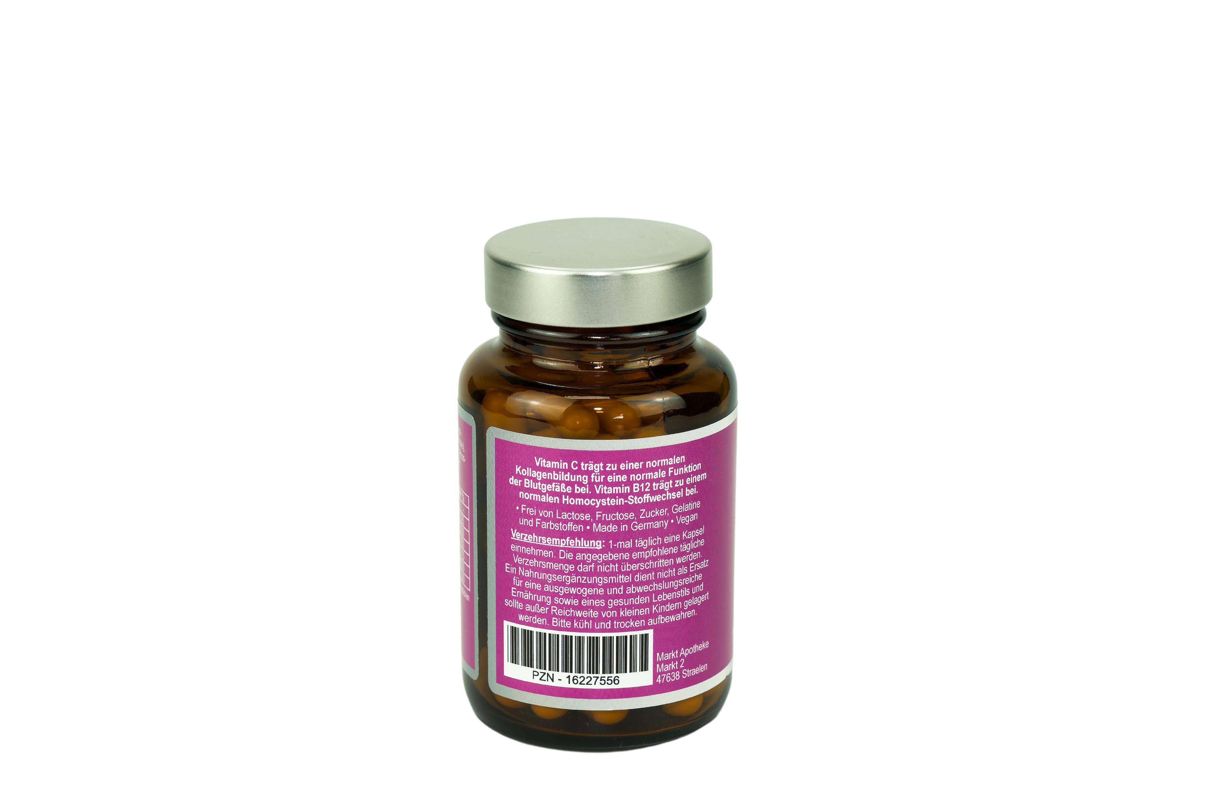 Braune Glasflasche mit lila Etikett. Gefäß Vital, Niederrhein Vital®. Rückseite mit Text und Barcode. Kapseln sichtbar.