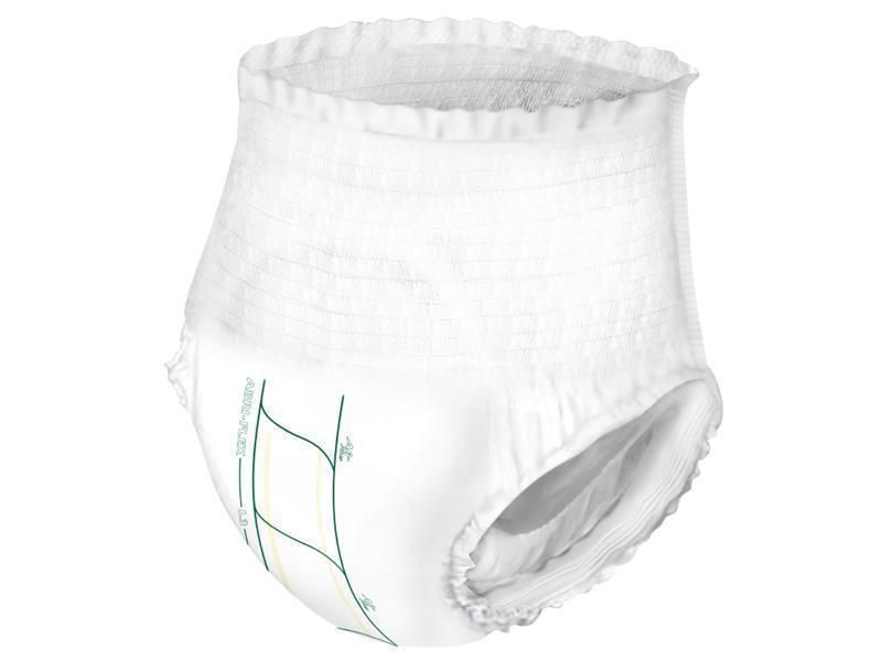 Weiße Inkontinenzhose. Elastischer Bund und Beinabschlüsse. Grüne und gelbe Markierungen. Produktmerkmal.