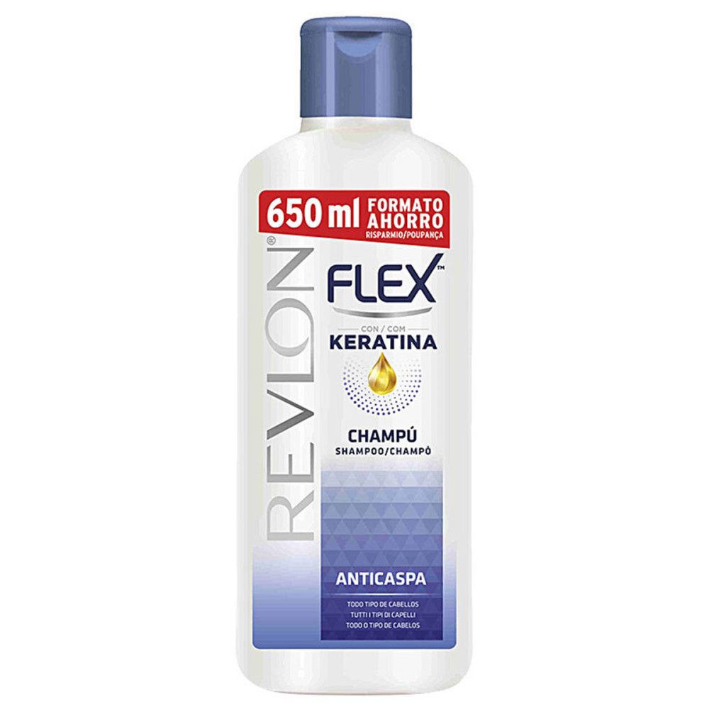Weiße Flasche Revlon Flex Anti-Schuppen-Shampoo, 650 ml. Enthält Keratin. Mit blauem Deckel und Etikett "Formato Ahorro".