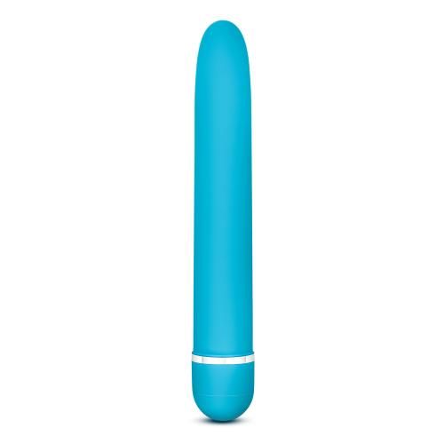 Zylindrischer Vibrator in Blau. Mit abgerundeter Spitze und Basis. Silberfarbener Ring am unteren Ende.