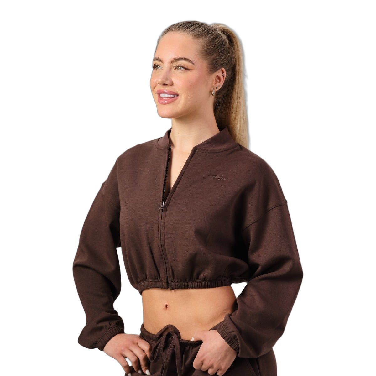 GymBeam Sweatshirt Damen cropped mit Reißverschluss Mocha 1 St