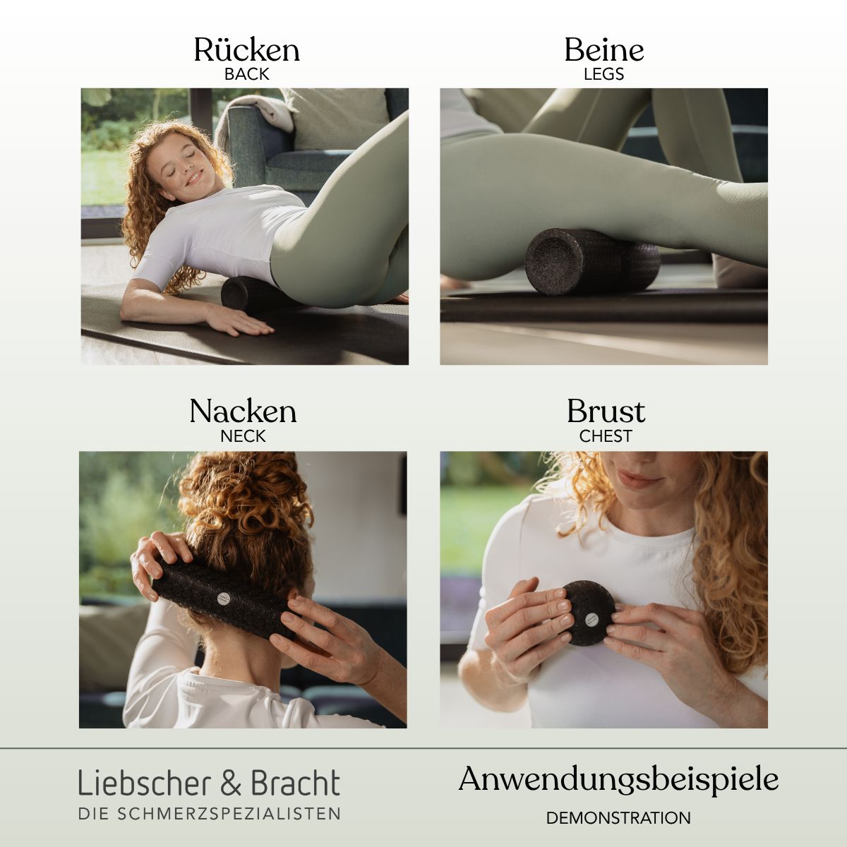 Anwendungsbeispiele: Frau massiert Rücken, Beine, Nacken und Brust mit Faszienrollen und -ball.