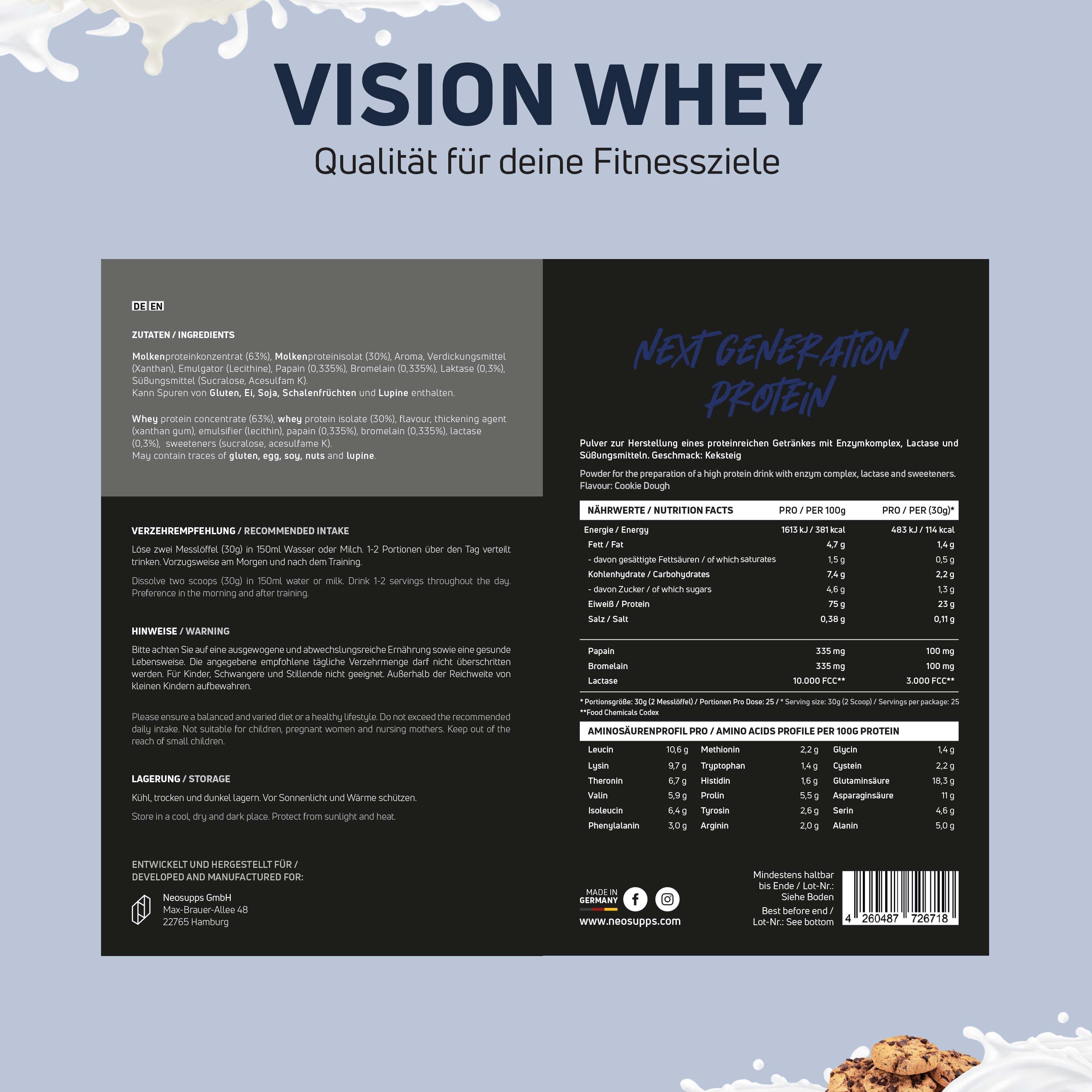 Produktinformationen auf blauem Hintergrund. Text: "VISION WHEY". Nährwertangaben, Zutatenliste, empfohlene Einnahme, Warnhinweise.