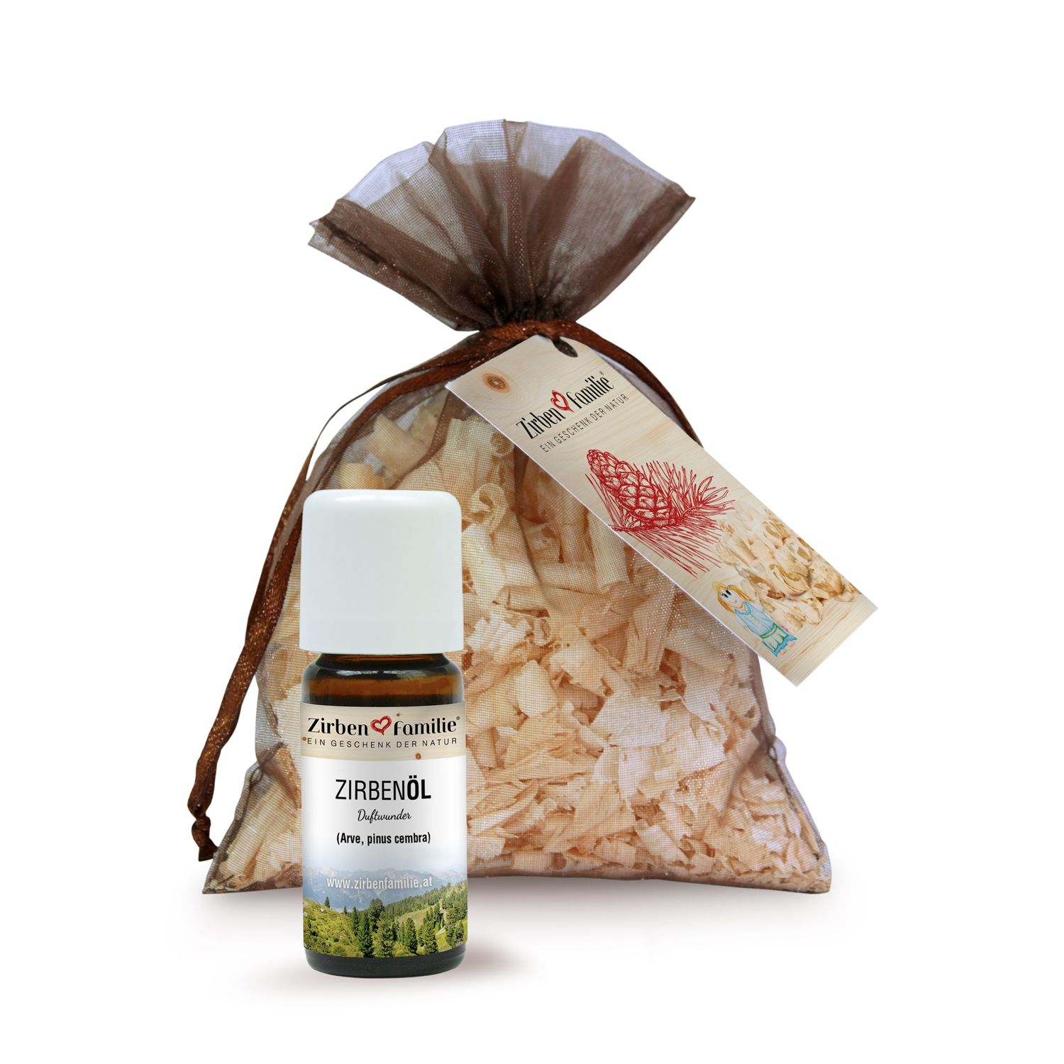 ZirbenFamilie® Kombi-Set ZirbenÖl & ZirbenFlocken Duftsackerl 10 ml