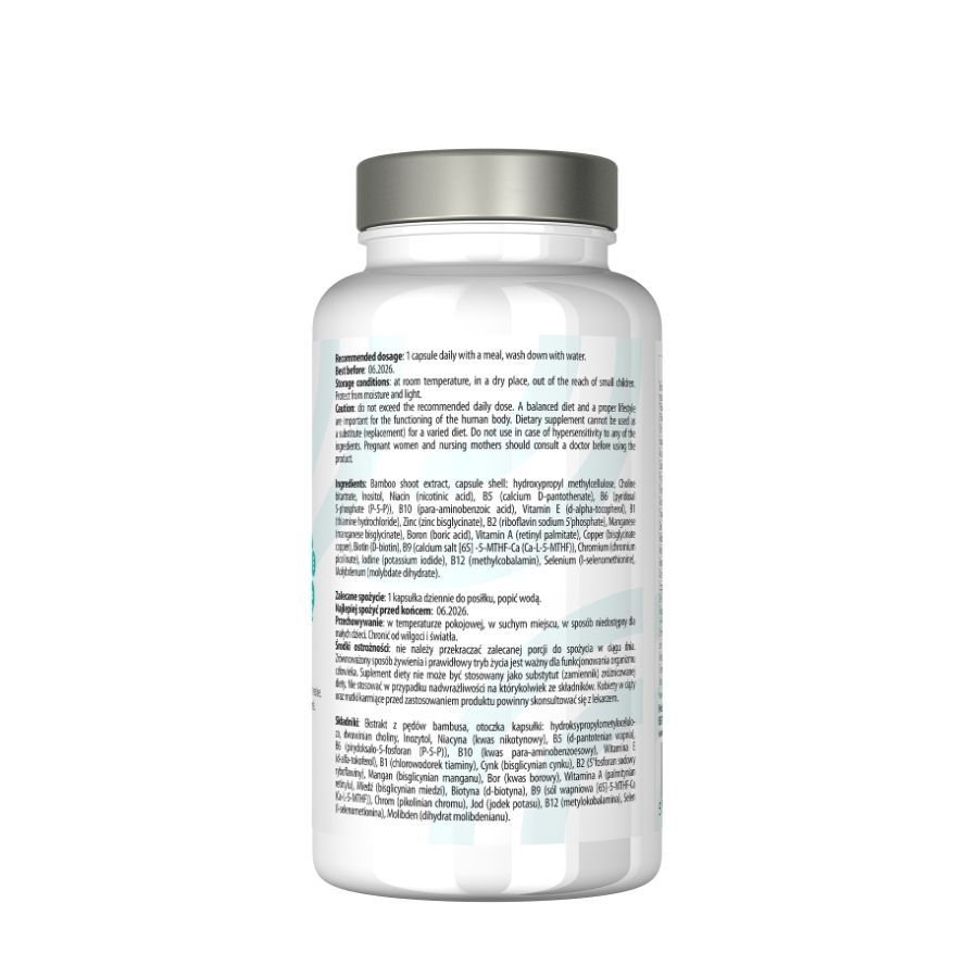 Rückseite einer weißen Flasche. Enthält Gebrauchsanweisungen und Warnhinweise. Text in polnischer Sprache.