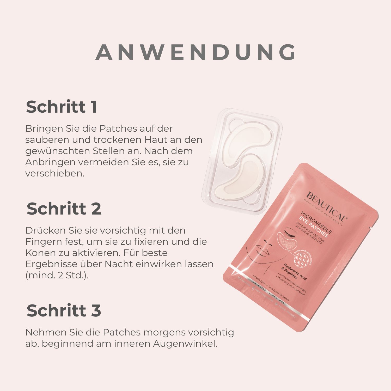 Rosa Verpackung mit BEAUTICAL Mikronadel-Augenpads. Text: Anti-Falten, sichtbare Ergebnisse, Feuchtigkeit.