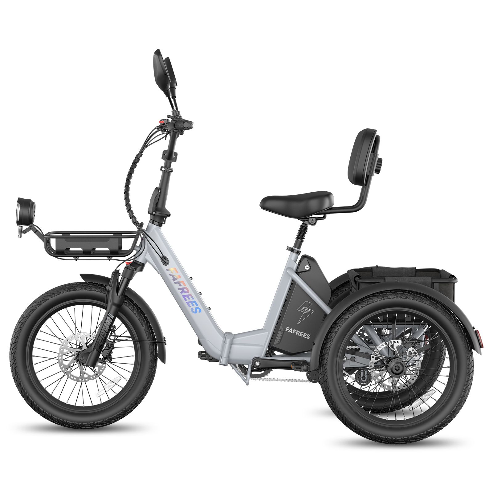 Graues Elektro-Dreirad mit Korb, Rückspiegeln und Gepäckträger. Schwarze Reifen und Sitz. Marke FAFREES.