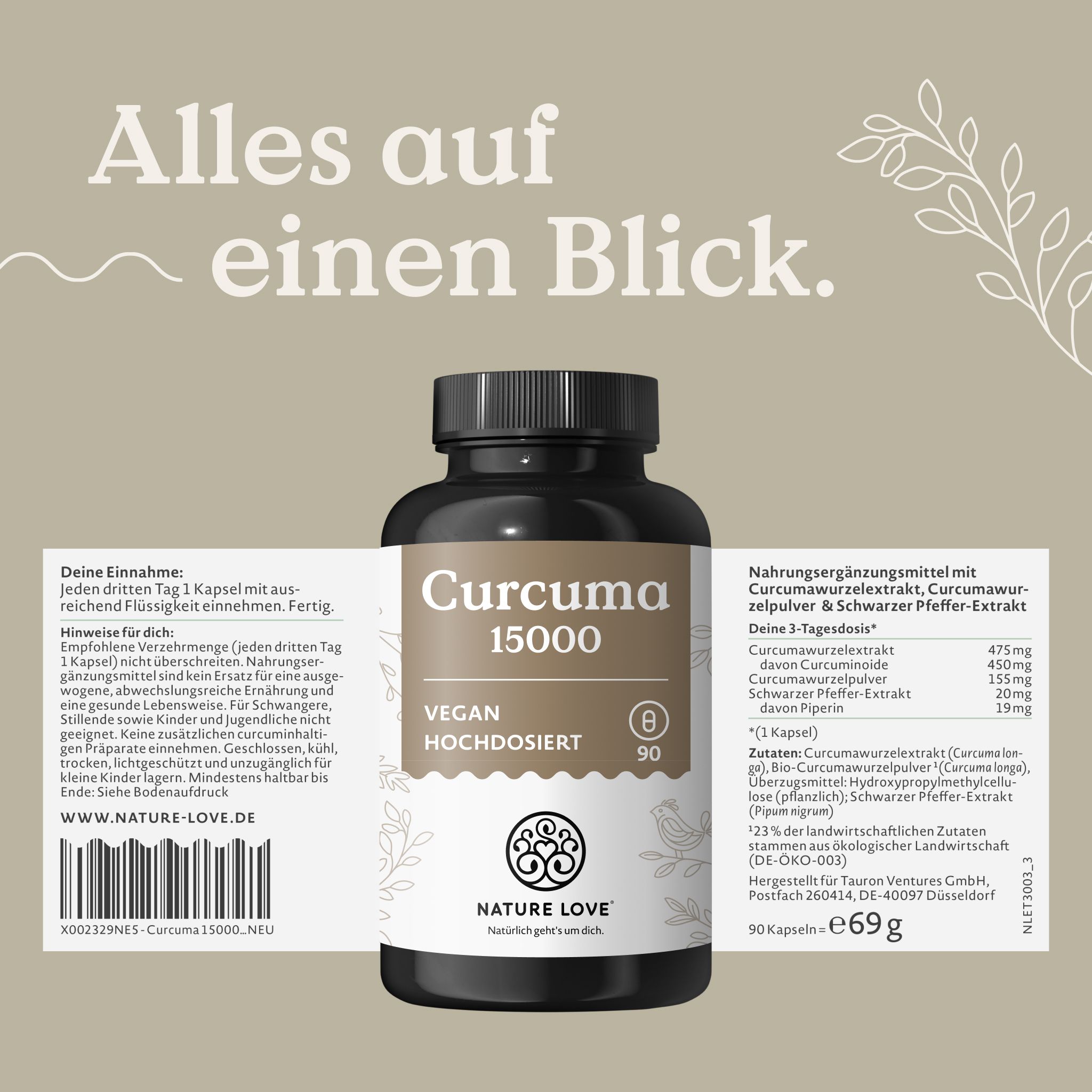 Dunkle Flasche mit Curcuma 15000, vegan, hochdosiert. Beilage mit Einnahmehinweisen und Nährwertangaben.