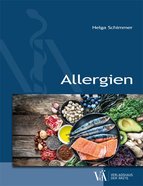 Buchcover mit dem Titel "Allergien" von Helga Schimmer. Abbildung von Lebensmitteln wie Fisch, Obst und Nüssen.