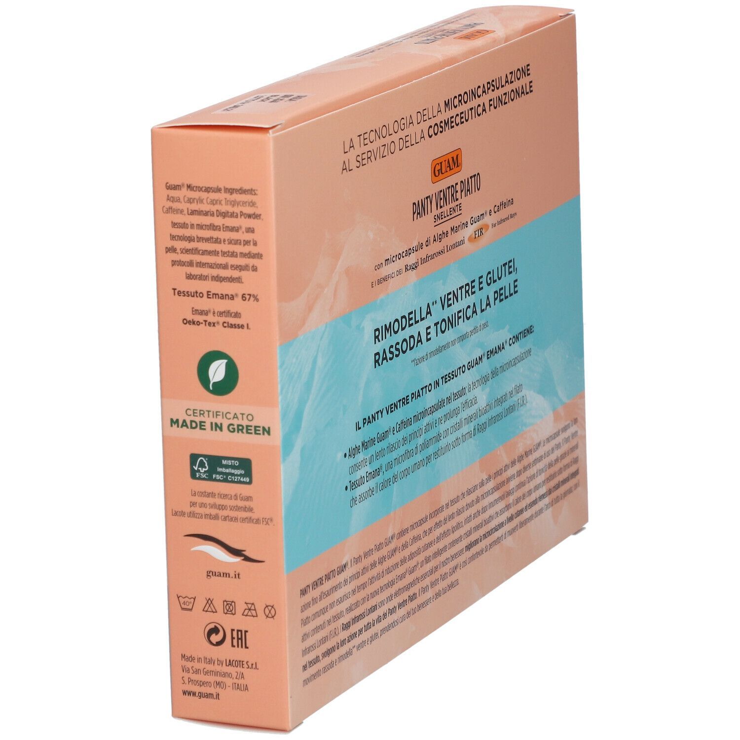Vista laterale della confezione GUAM® Panty Ventre Piatto Snellente. Testo con informazioni e certificazione. Logo verde e bianco.