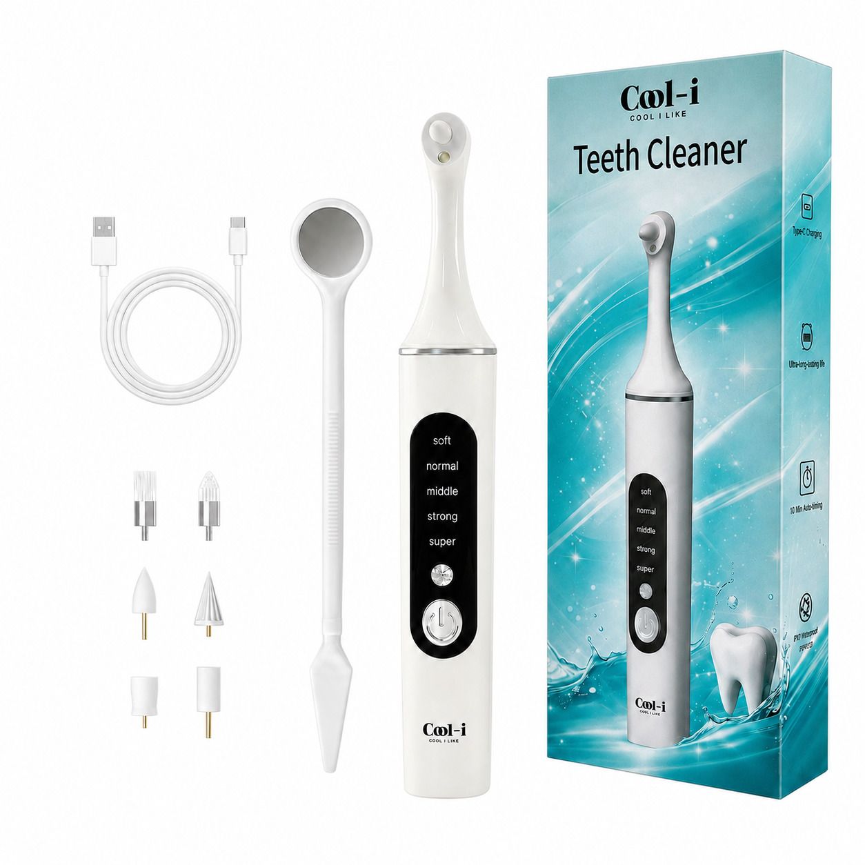 COOL-i Zahnpolierer Set mit LED, 5 Modi, 6 Köpfen und USB-Kabel.