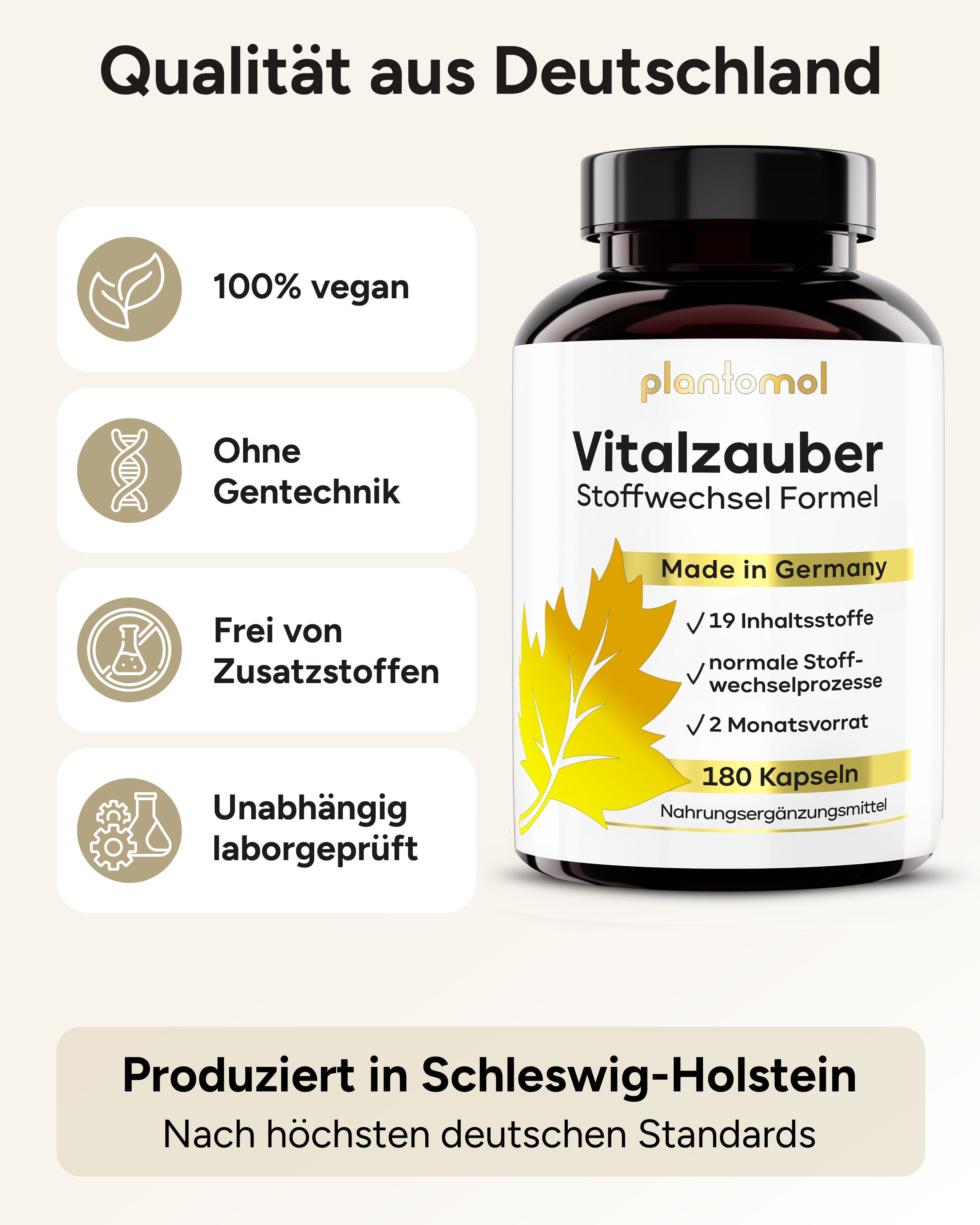 Produktflasche mit plantomol® Vitalzauber Stoffwechsel Formel. 100% vegan, ohne Gentechnik, frei von Zusatzstoffen, laborgeprüft.