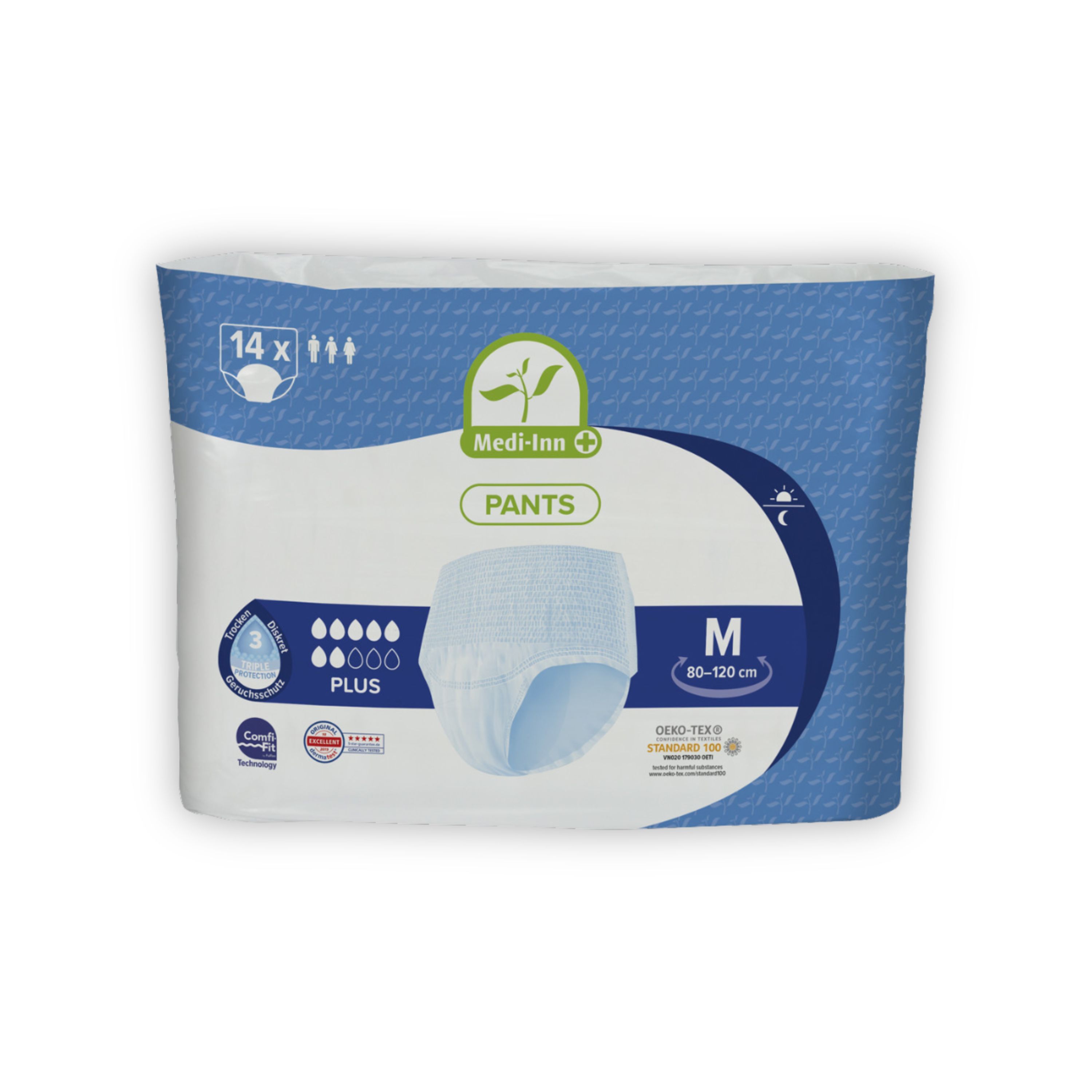 Packung Medi-Inn Pants PLUS, Größe M. Blaue Verpackung mit Produktabbildung und Logo. Enthält 14 Stück. Zertifizierungen.