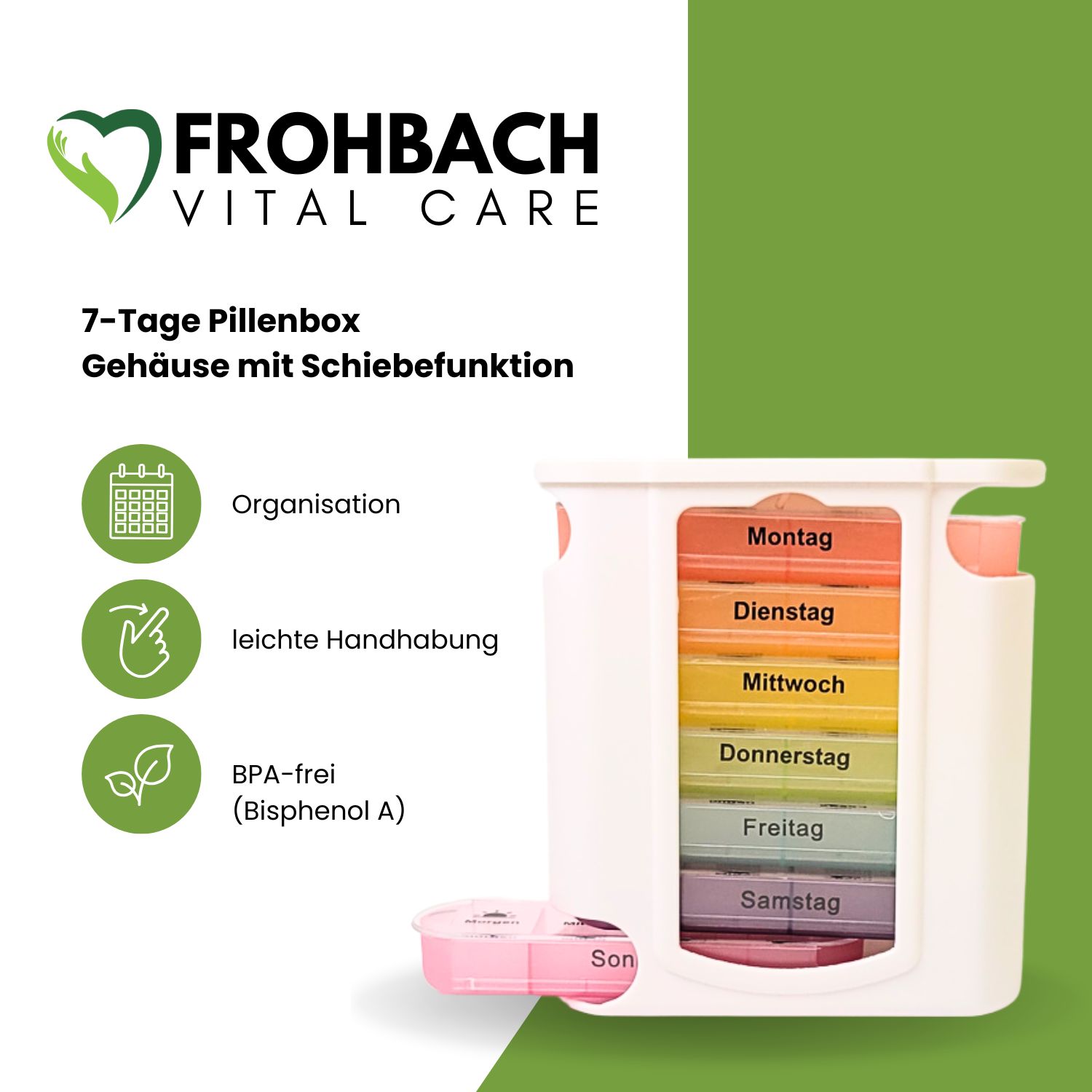 Weiße Frohbach 7-Tage-Pillenbox mit Schiebefunktion. Beschriftung mit Wochentagen. Pinke Einzelbox.