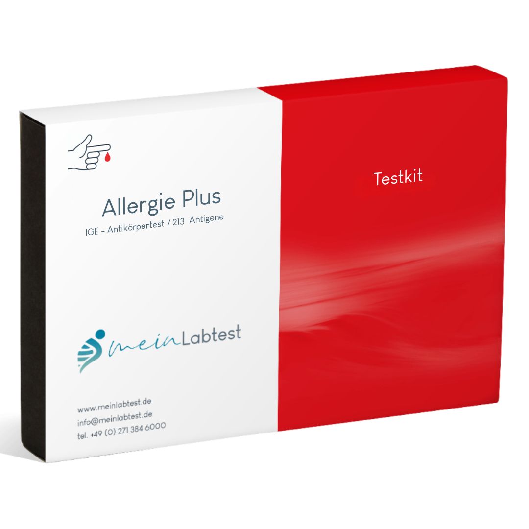 Meinlabtest Allergietest Plus. Box mit Testkit. Weiß-rotes Design. Logo und Produktbezeichnung.