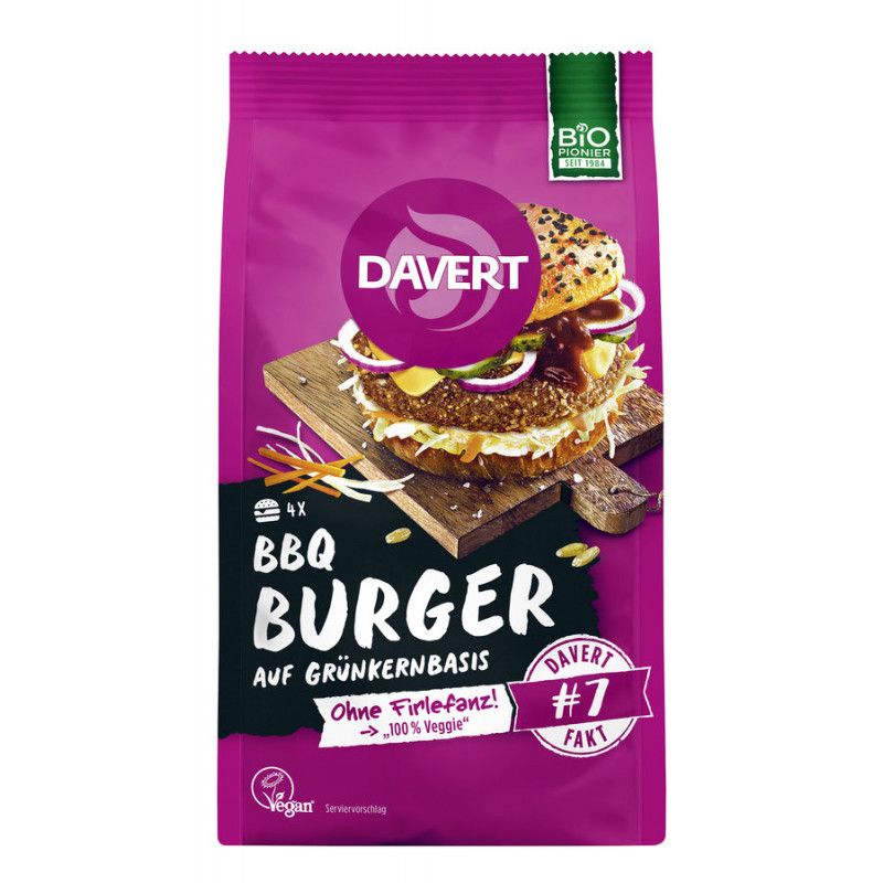 Verpackung von Davert BBQ Burger auf Grünkernbasis. Abbildung eines Burgers auf Holzbrett. Logo: Davert, Bio-Siegel, Vegan-Siegel.