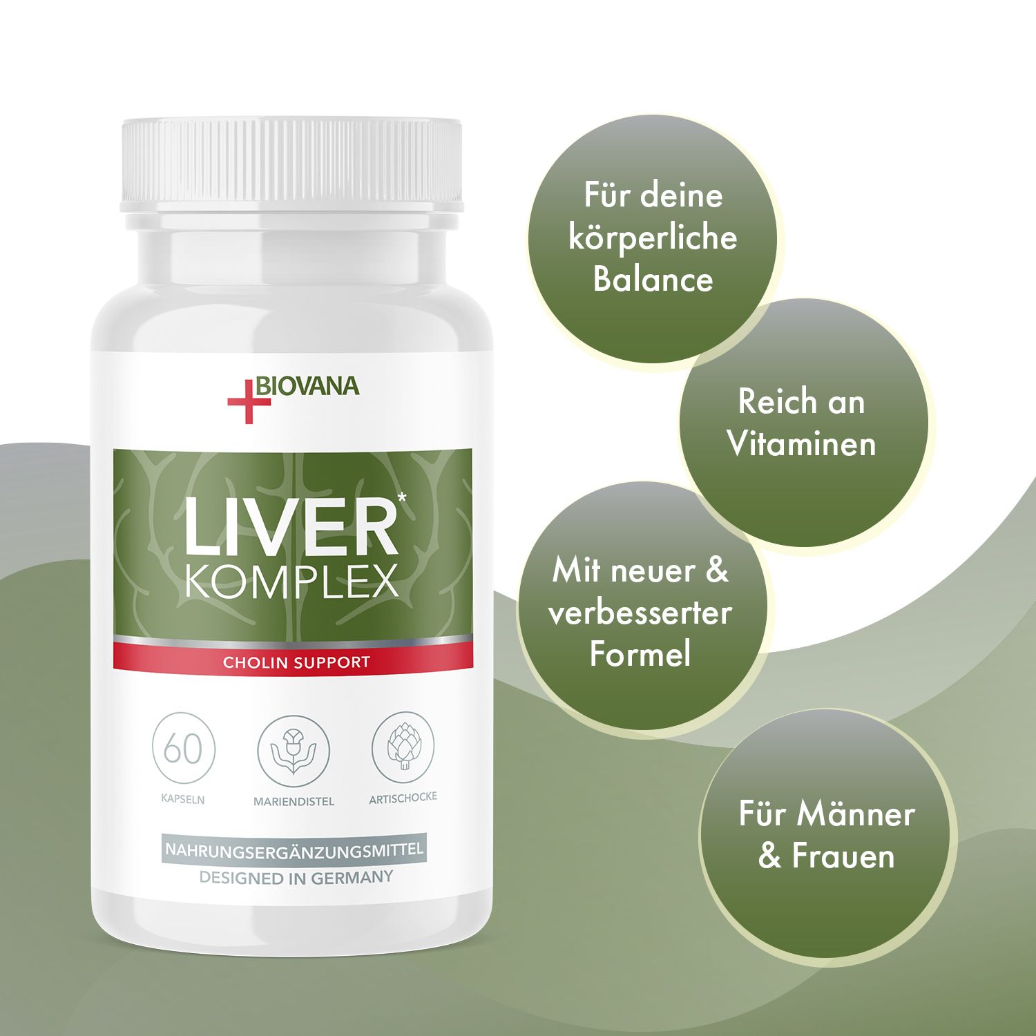 Weißes Pillenbehälter mit grünem Etikett. Aufschrift: LIVER KOMPLEX, 60 Kapseln, Cholin Support. Marke: Biovana. Zusätzliche Textfelder.
