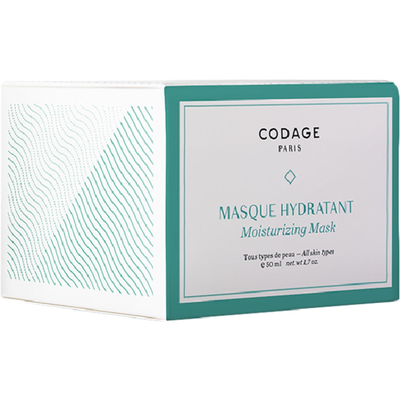 Verpackung mit Aufschrift: CODAGE, MASQUE HYDRATANT, Moisturizing Mask. Grüne und weiße Farbakzente.