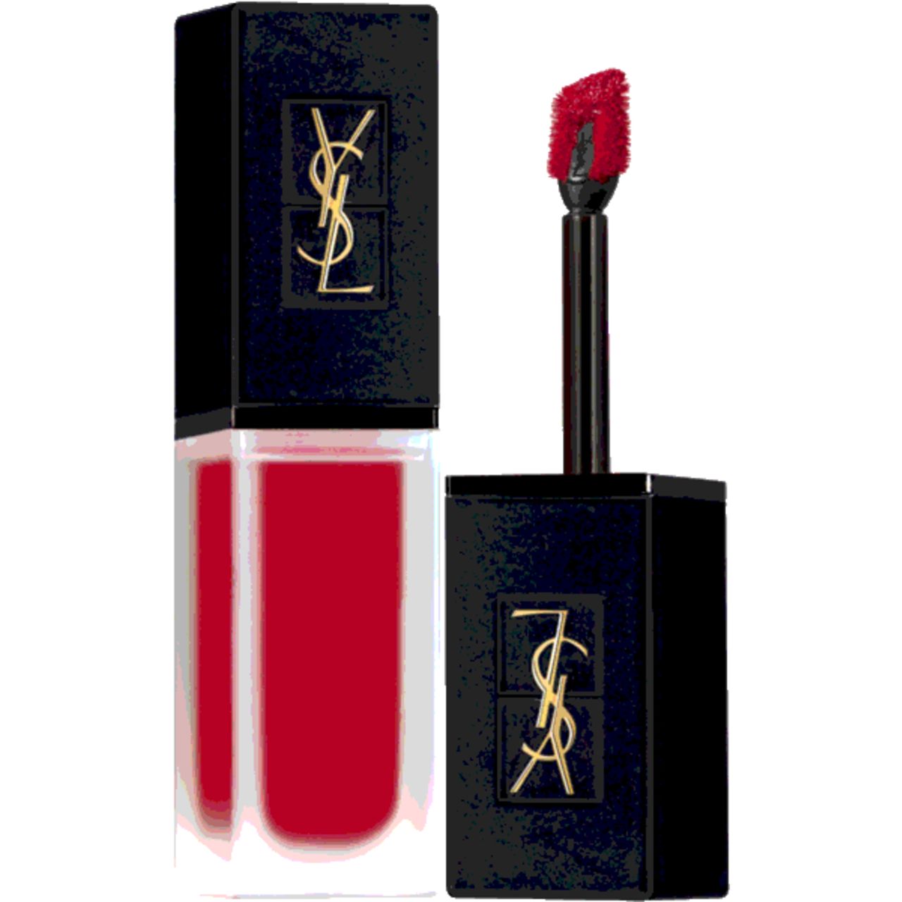 Schwarze Lippenstiftverpackung mit goldenem Logo. Roter Lippenstift mit Applikator. Produktname sichtbar.