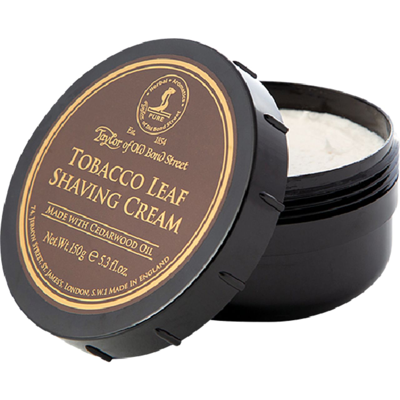 Geöffneter Tiegel Rasiercreme. Aufschrift: Tobacco Leaf Shaving Cream. Brauner Deckel, schwarzer Tiegel. Creme sichtbar.