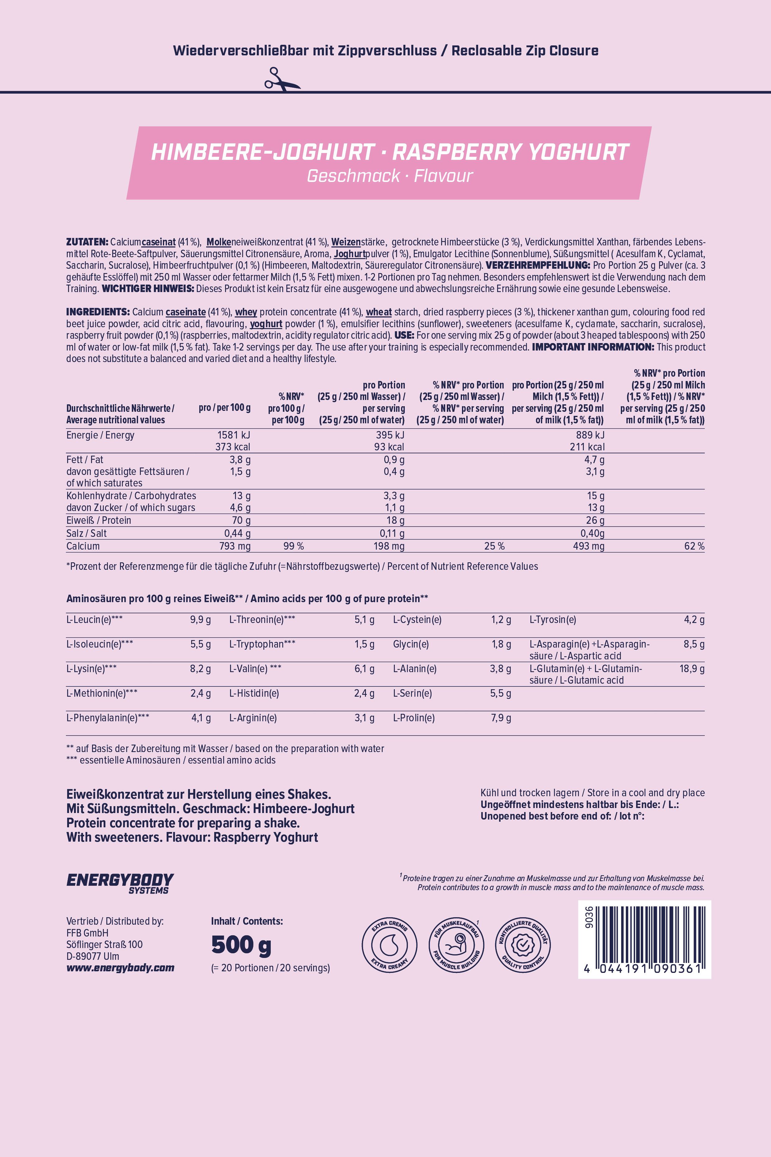 Rückseite der Mega Protein-Verpackung. Text: Himbeer-Joghurt, Nährwertangaben, Zutaten, Aminosäuren. 500g, 20 Portionen.