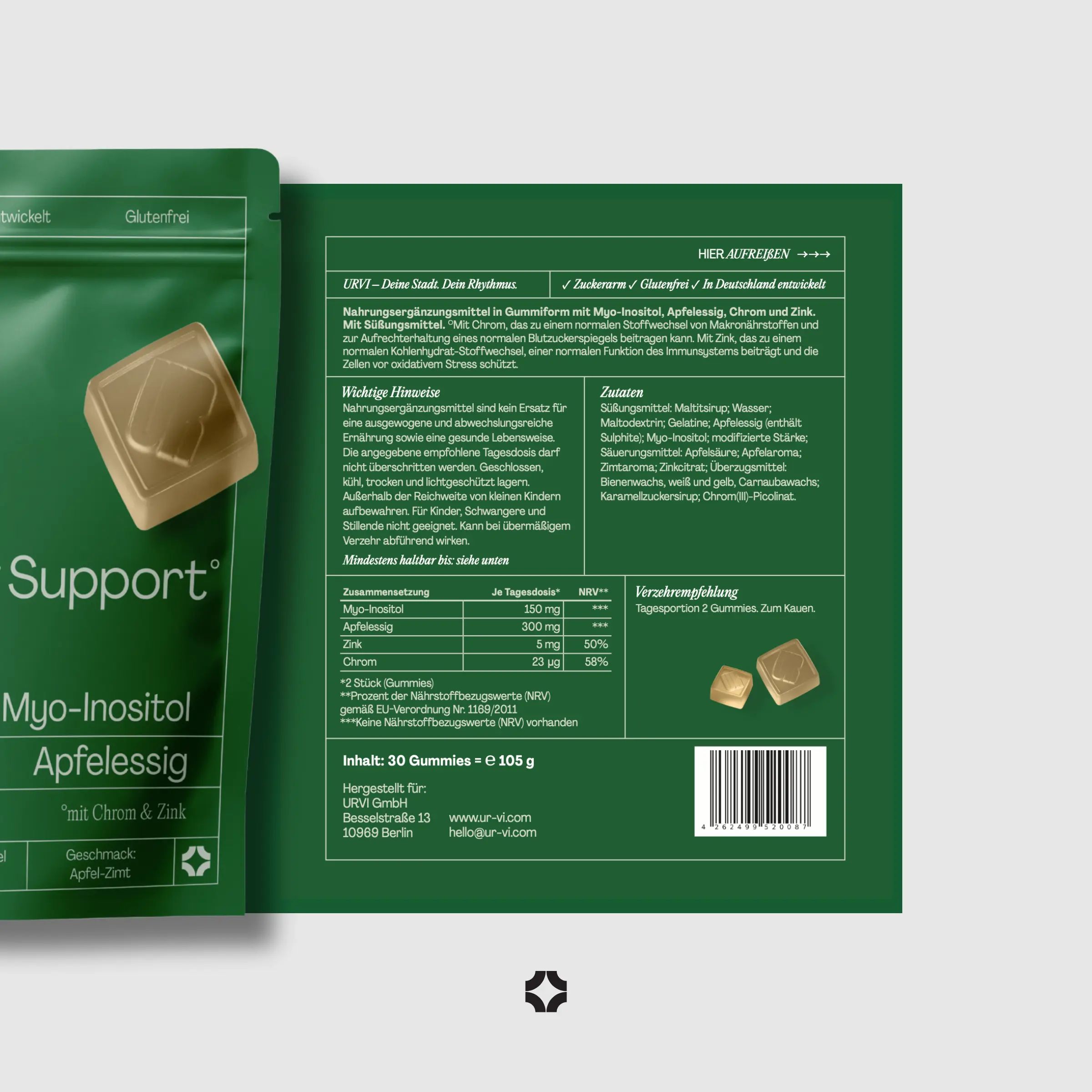 Grüne Verpackung mit Produktinformationen und Nährwertangaben. Gummibärchen abgebildet.